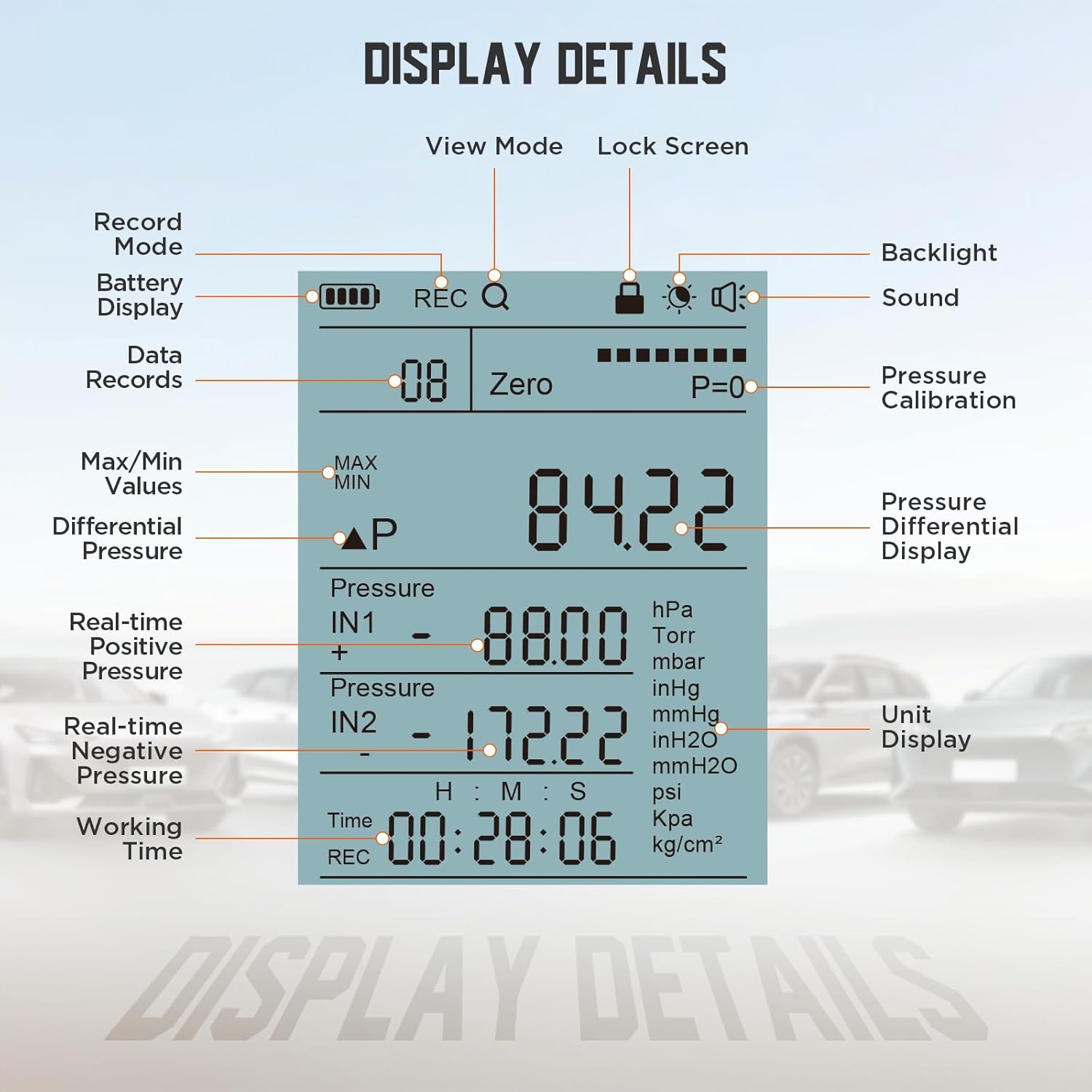 PT520 Digital Pressure Gauge, Water Pressure Gauge, Compressed Air Pressure Gauge with High Accuracy Value, 10 Readings, 29 Data Storage, Multiple Measurement Adapters, -100~200Kpa