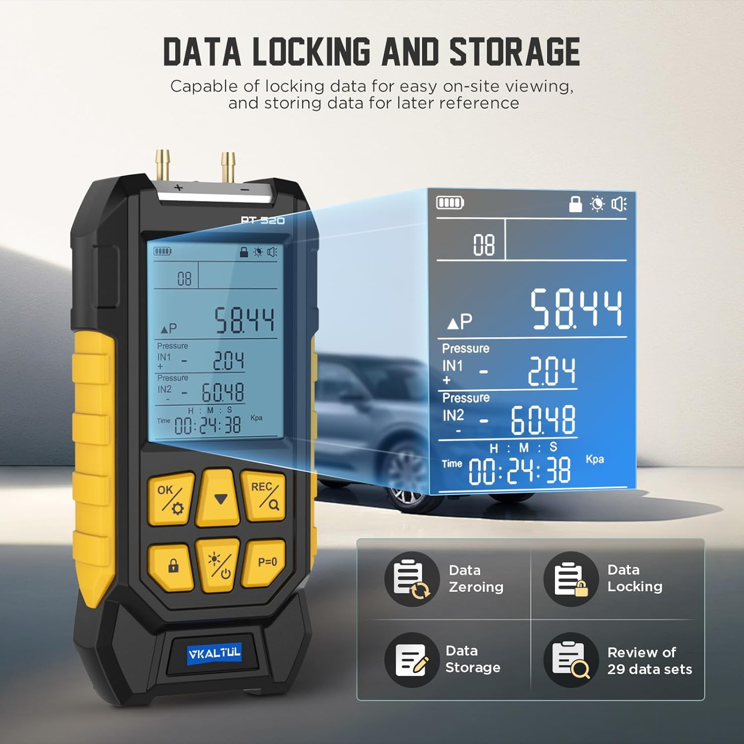 PT520 Digital Pressure Gauge, Water Pressure Gauge, Compressed Air Pressure Gauge with High Accuracy Value, 10 Readings, 29 Data Storage, Multiple Measurement Adapters, -100~200Kpa