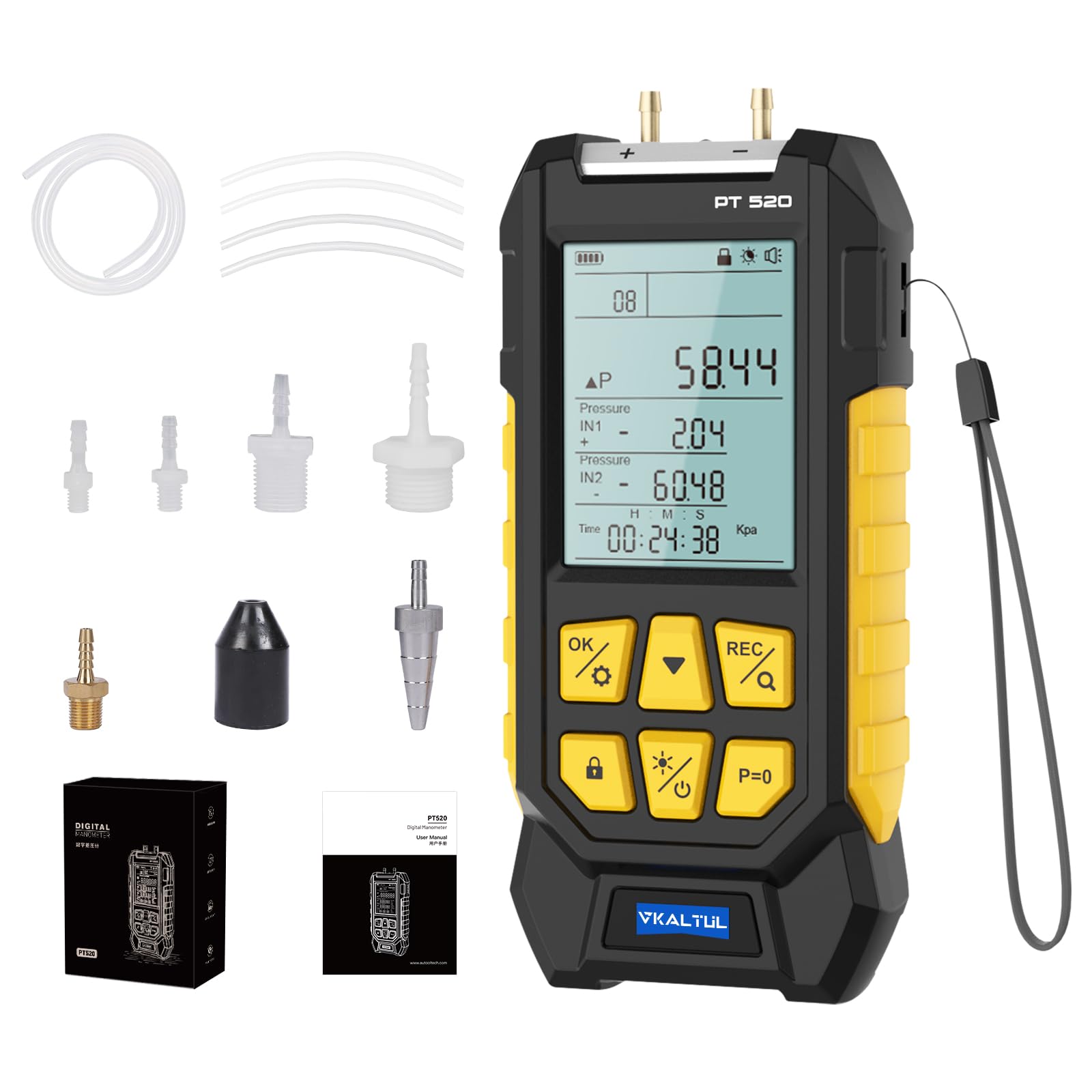 PT520 Digital Pressure Gauge, Water Pressure Gauge, Compressed Air Pressure Gauge with High Accuracy Value, 10 Readings, 29 Data Storage, Multiple Measurement Adapters, -100~200Kpa