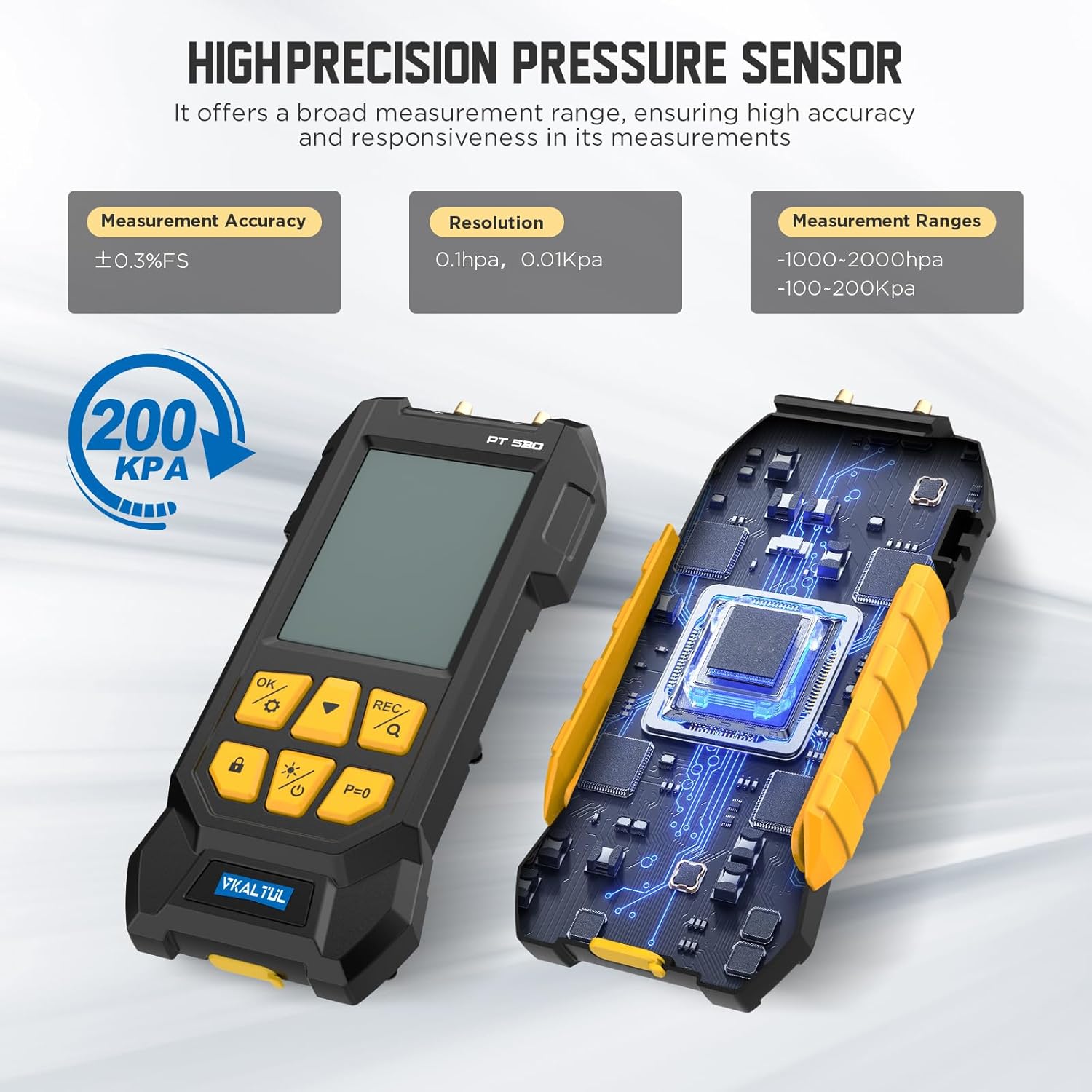 PT520 Digital Pressure Gauge, Water Pressure Gauge, Compressed Air Pressure Gauge with High Accuracy Value, 10 Readings, 29 Data Storage, Multiple Measurement Adapters, -100~200Kpa