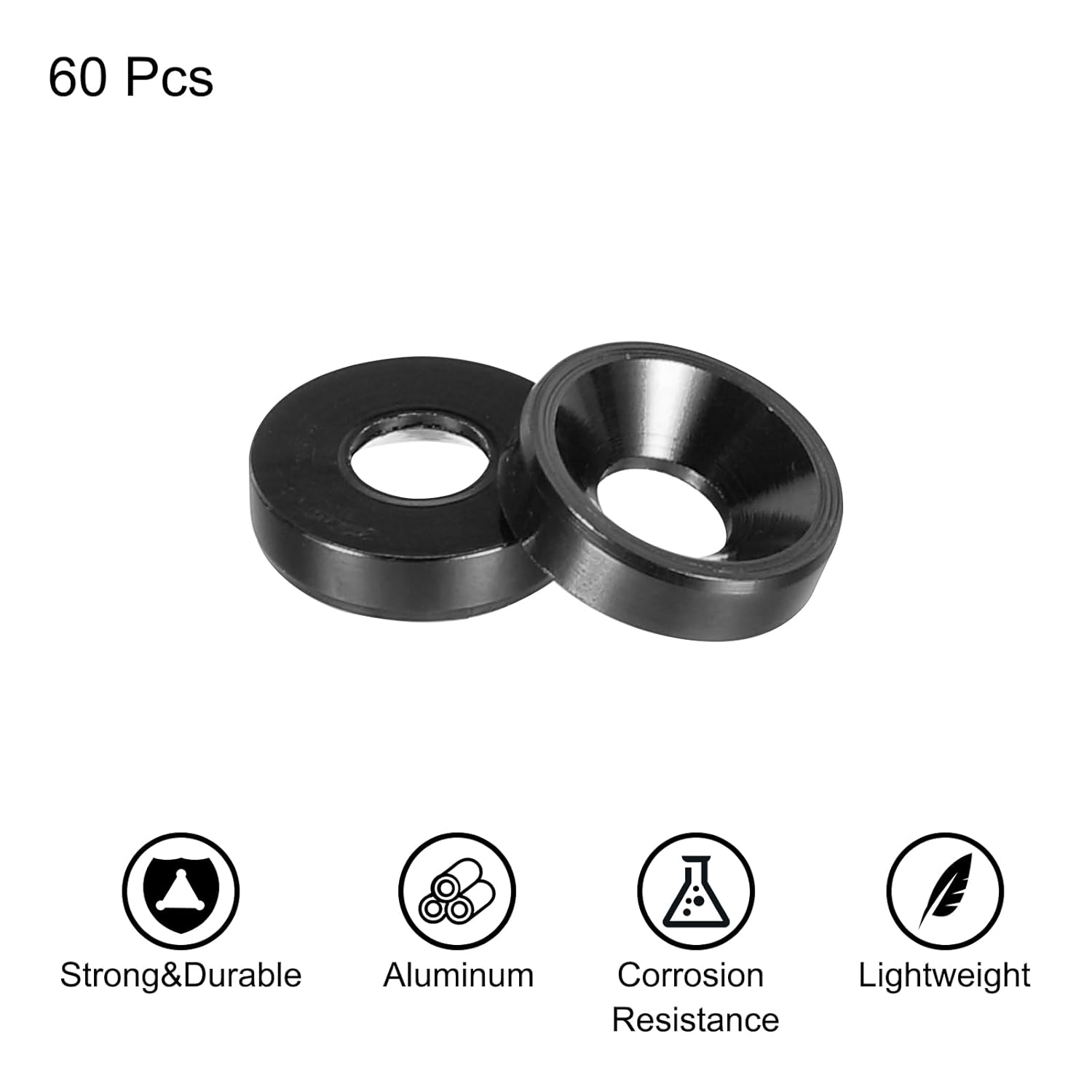 QUARKZMAN 60pcs M3 Countersunk Washers, Anodized Aluminum Alloy 8mm/0.31", Seals for RC/FPV/PC/Drone/Mechanical Accessories Model Part Screws, Black