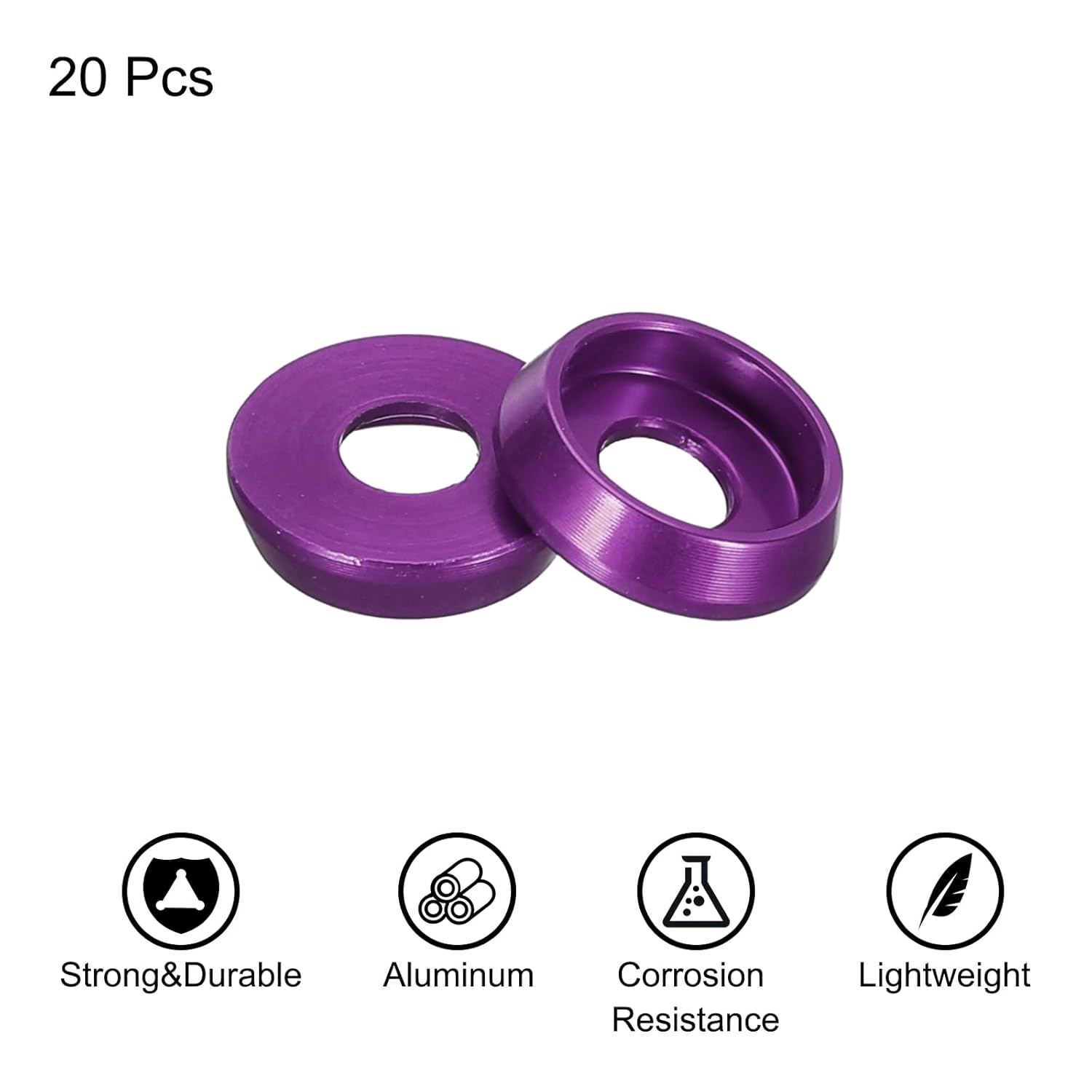 QUARKZMAN M3 Countersunk Conical Washers, Hole Diameter 3mm/0.12", Aluminum Seals Washer Cup Head Screw Rc/Fpv/Pc/Drone/Mechanical Accessories Model Parts, 20 Pcs (Purple)