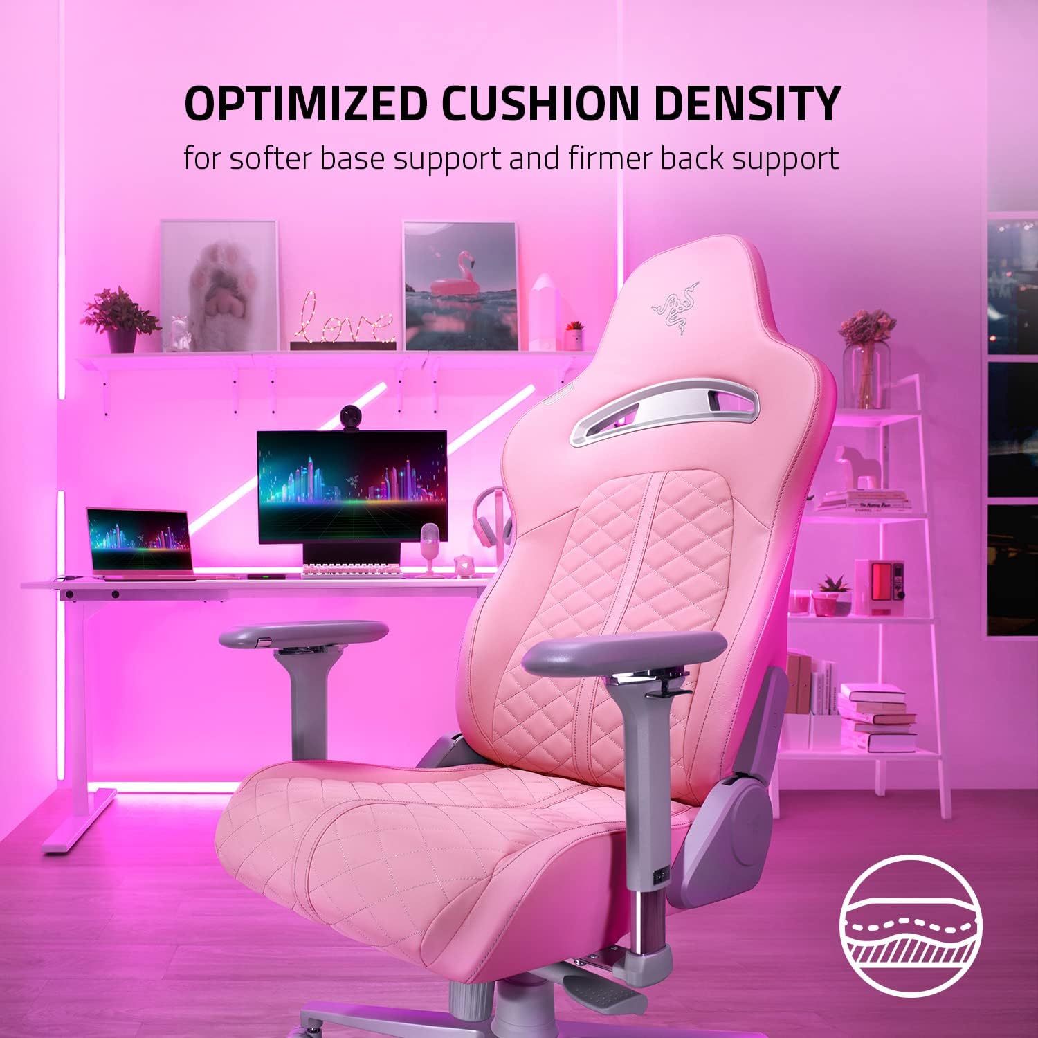 Razer Enki Gaming Chair: All-Day Comfort - Built-in Lumbar Arch - Optimized Cushion Density - Dual-Textured, Eco-Friendly Synthetic Leather - Reactive Seat Tilt & 152-Degree Recline - Pink Quartz