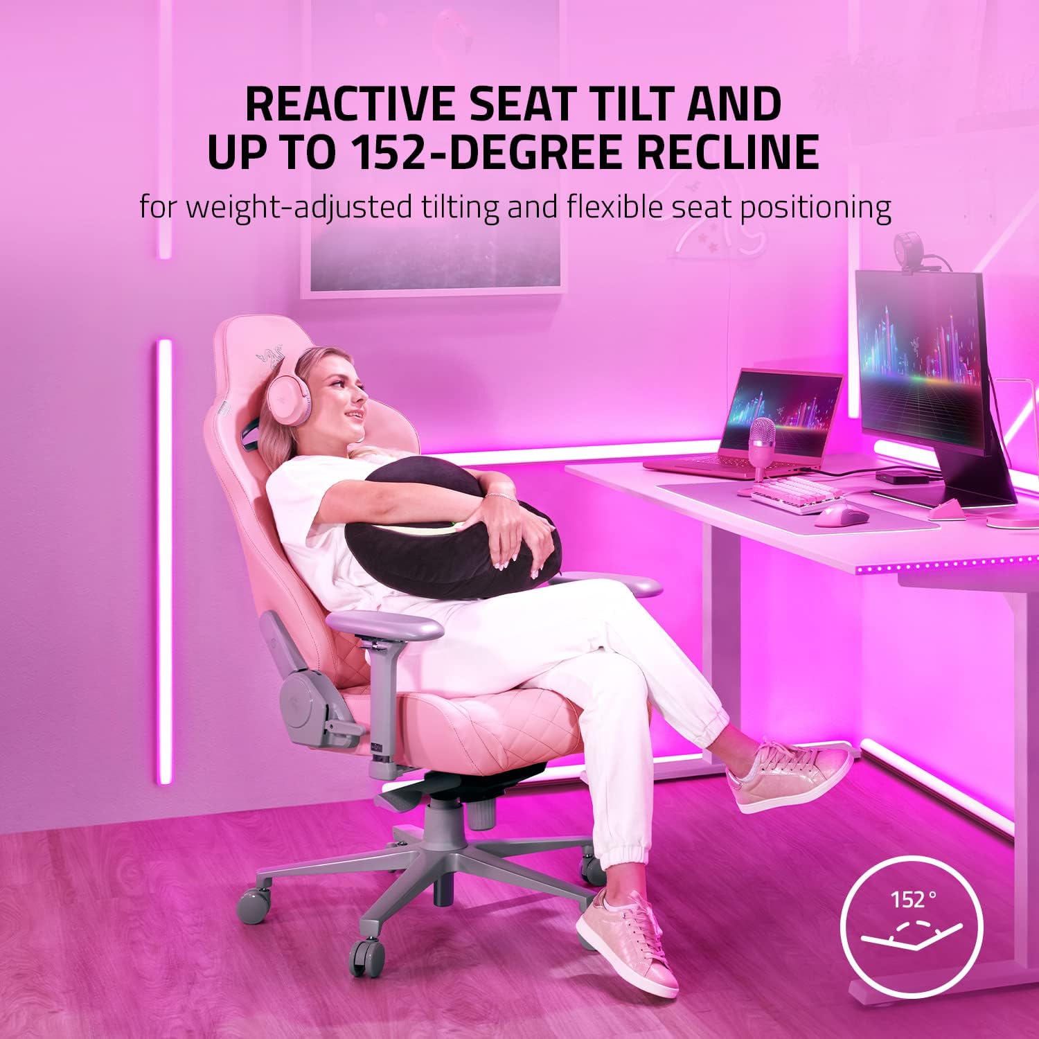 Razer Enki Gaming Chair: All-Day Comfort - Built-in Lumbar Arch - Optimized Cushion Density - Dual-Textured, Eco-Friendly Synthetic Leather - Reactive Seat Tilt & 152-Degree Recline - Pink Quartz