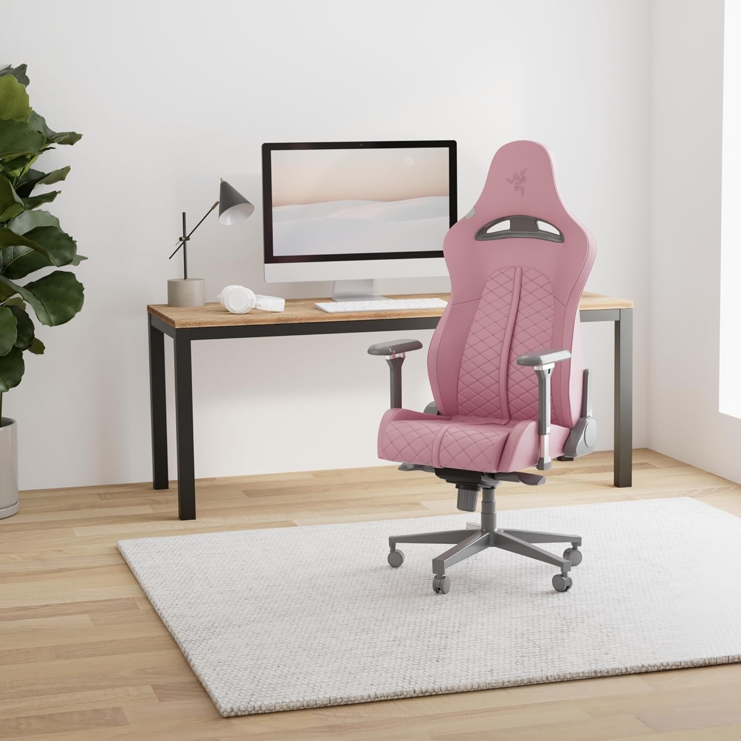 Razer Enki Gaming Chair: All-Day Comfort - Built-in Lumbar Arch - Optimized Cushion Density - Dual-Textured, Eco-Friendly Synthetic Leather - Reactive Seat Tilt & 152-Degree Recline - Pink Quartz