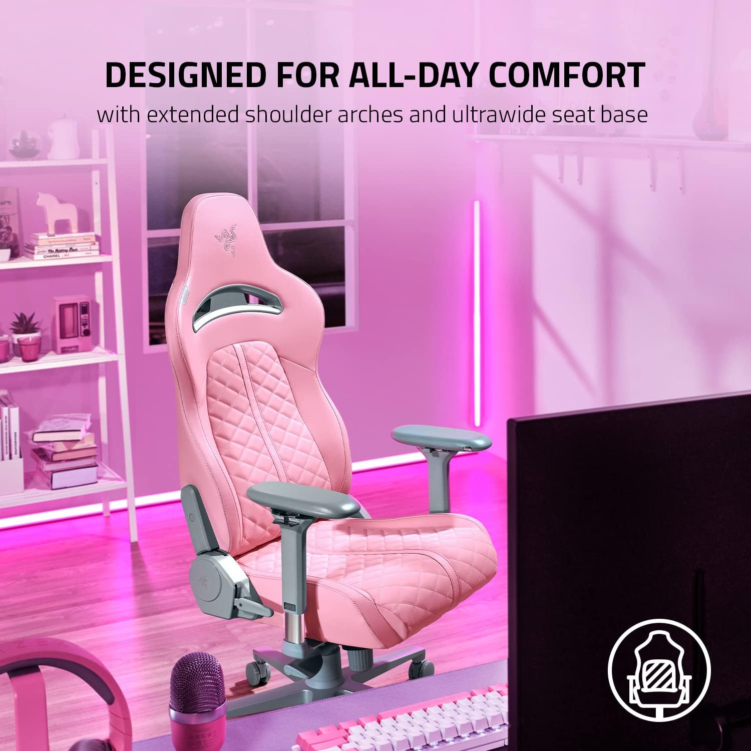 Razer Enki Gaming Chair: All-Day Comfort - Built-in Lumbar Arch - Optimized Cushion Density - Dual-Textured, Eco-Friendly Synthetic Leather - Reactive Seat Tilt & 152-Degree Recline - Pink Quartz