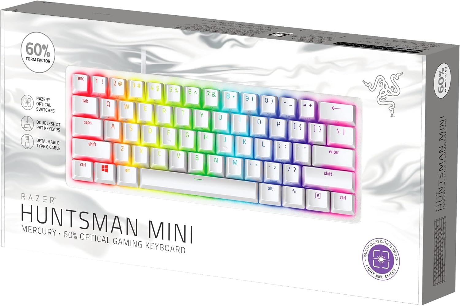 Razer Huntsman Mini 60 Percent Wired Optical Clicky Switch Gaming Keyboard with Chroma RGB Backlighting, PBT Keycaps, Mechanical Keyboards for PC Gaming Computer, Mercury White (Renewed)
