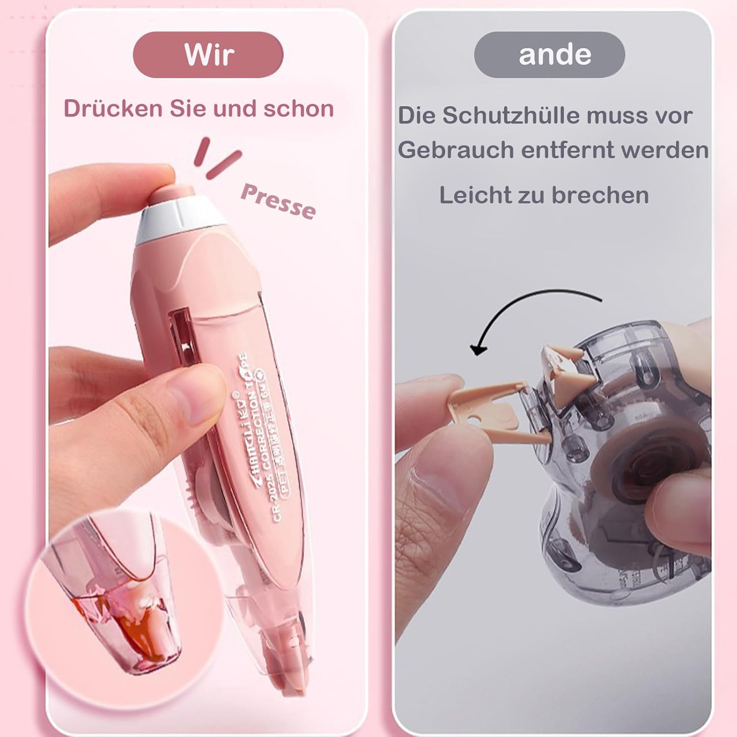 Retractable Correction Roller, 2Pcs 6m x 5mm Correction Mouse with 4 Interchangeable Cores, Mini Correction Tape for School and Office Supplies