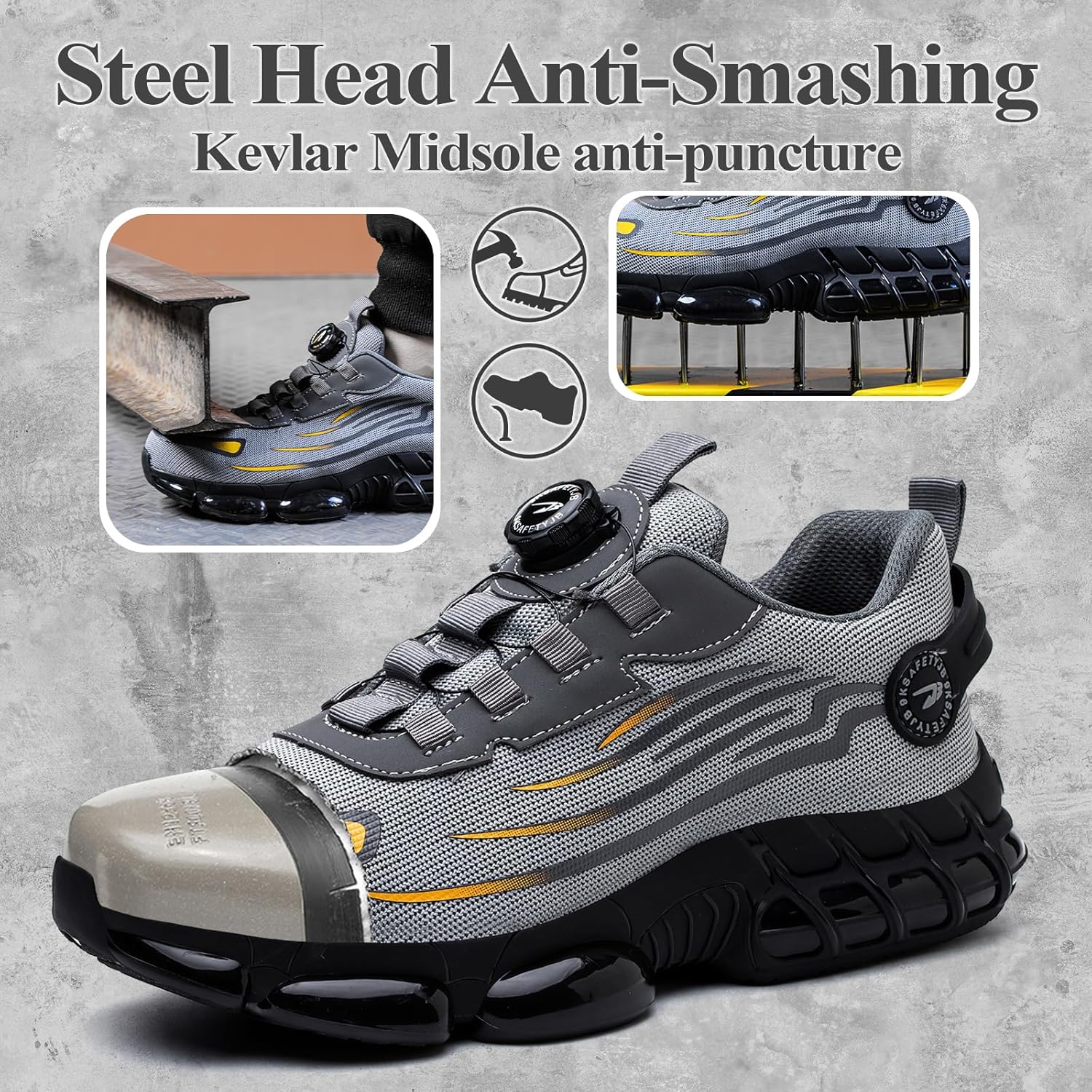 Safety Shoes Men Women Lightweight Breathable Non-Slip Sneakers Safety Shoes with Steel Toe Quick Adjustment of Laces 36-46 EU 42 EU Gray 266