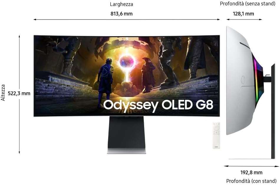 Samsung Gaming Monitor Odyssey OLED G8 (S34DG850), Curved (1800R), 34'', 3440x1440 (WQHD), 21:9, HDR10+, QD-OLED Glare Free, 175Hz, 0.03ms (GtG), G-Sync compatibility, HDMI, USB, DP, WiFi, Speakers, HAS