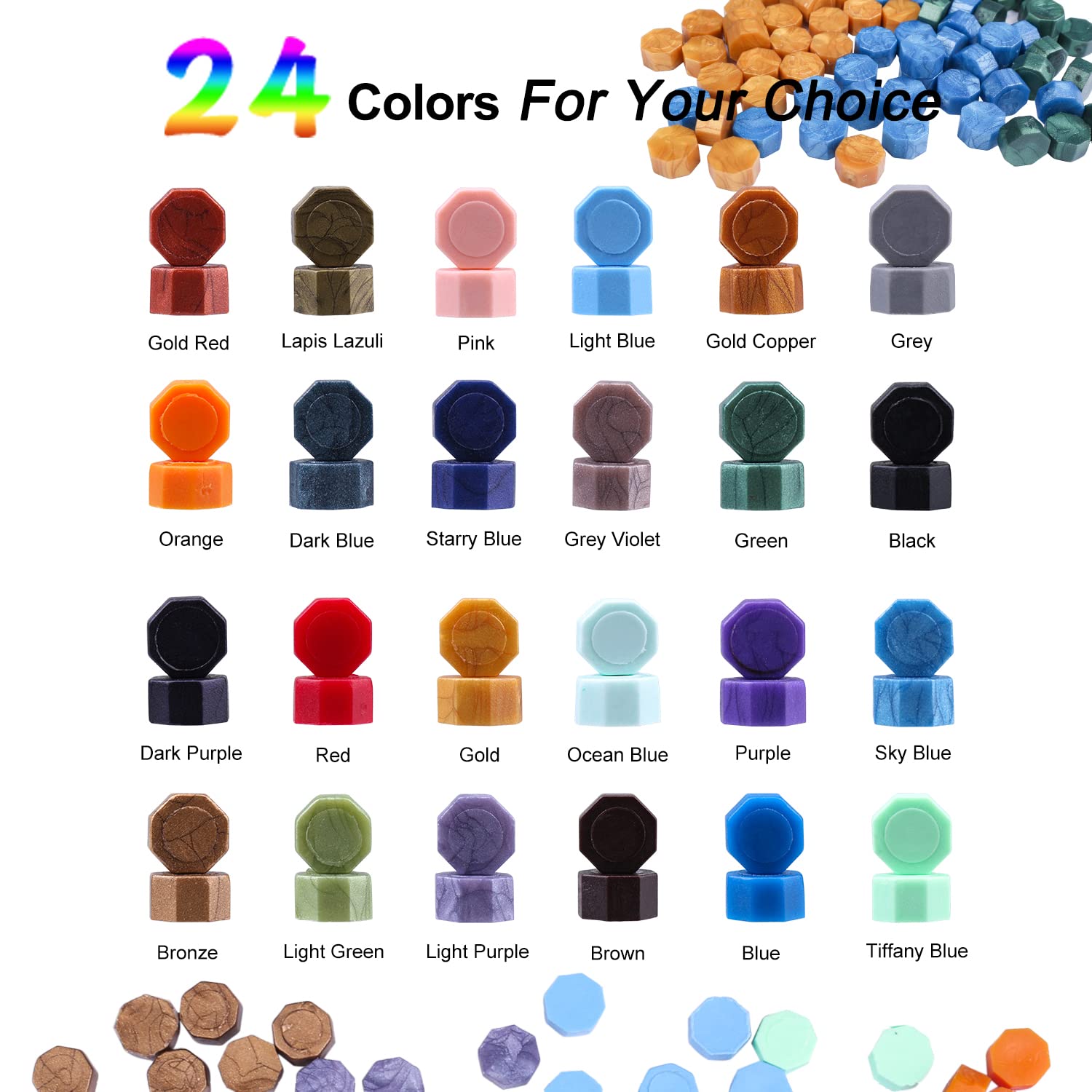 Sealing Wax Set, 720 Pieces Wax Beads, 24 Colors + 1 Wax Stamp + 10 Tealight Candles + 1 Warmer + 2 Acrylic Pens, etc. for envelopes, letters, weddings, Christmas cards, gift wrapping