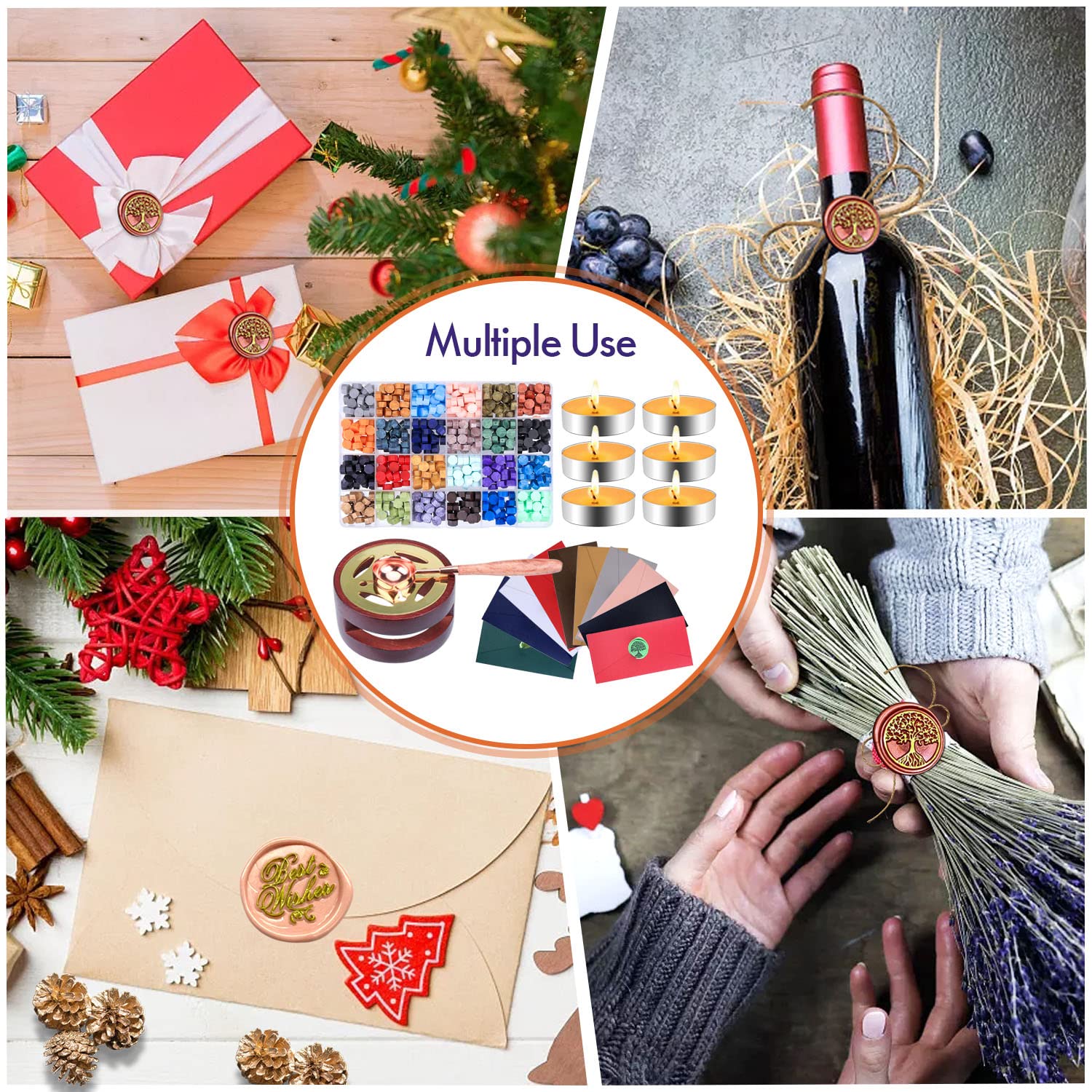 Sealing Wax Set, 720 Pieces Wax Beads, 24 Colors + 1 Wax Stamp + 10 Tealight Candles + 1 Warmer + 2 Acrylic Pens, etc. for envelopes, letters, weddings, Christmas cards, gift wrapping
