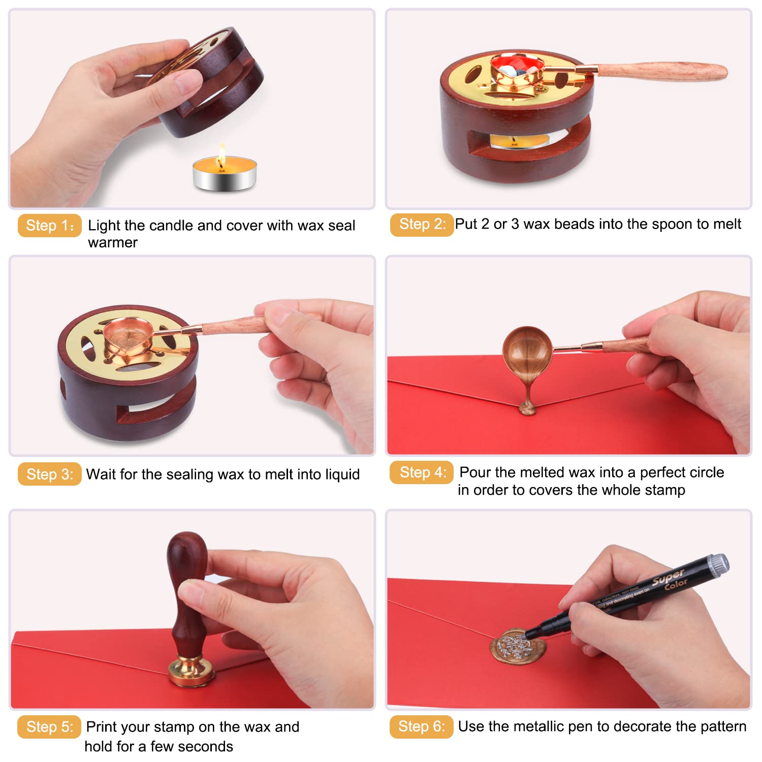 Sealing Wax Set, 720 Pieces Wax Beads, 24 Colors + 1 Wax Stamp + 10 Tealight Candles + 1 Warmer + 2 Acrylic Pens, etc. for envelopes, letters, weddings, Christmas cards, gift wrapping