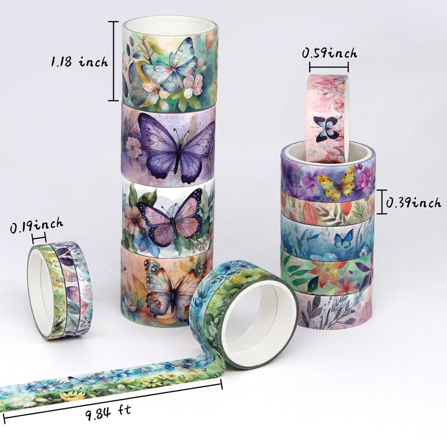 Set of 20 Rolls of Washi Tape - Floral Butterfly Decorative Masking Tape, Paper Tape for Bullet Journals, Craft Supplies, DIY Crafts, Craft Supplies