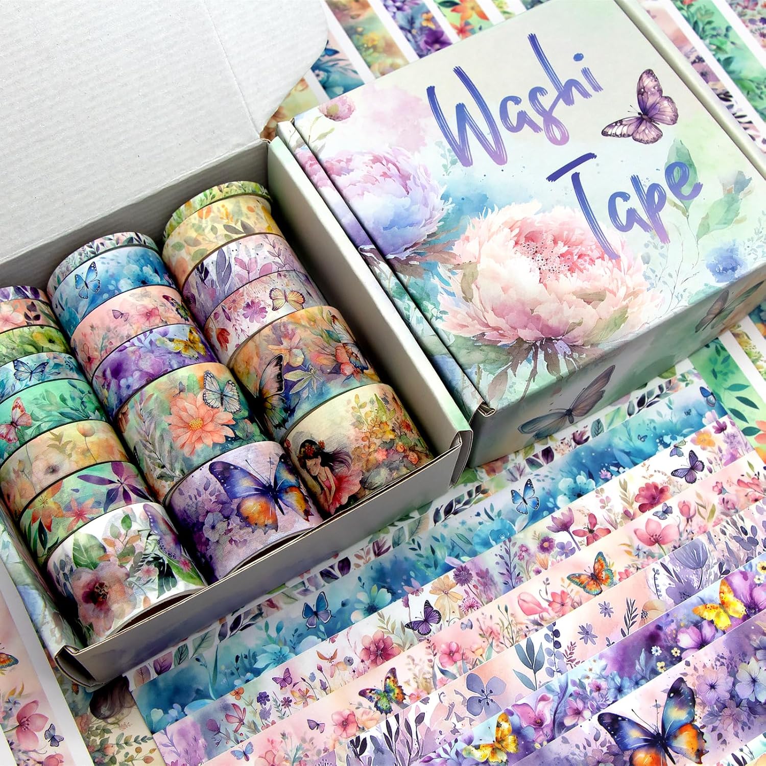 Set of 20 Rolls of Washi Tape - Floral Butterfly Decorative Masking Tape, Paper Tape for Bullet Journals, Craft Supplies, DIY Crafts, Craft Supplies