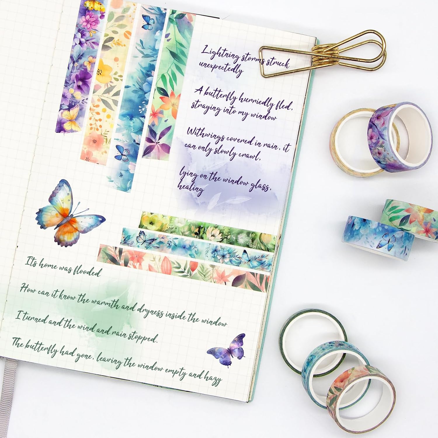 Set of 20 Rolls of Washi Tape - Floral Butterfly Decorative Masking Tape, Paper Tape for Bullet Journals, Craft Supplies, DIY Crafts, Craft Supplies