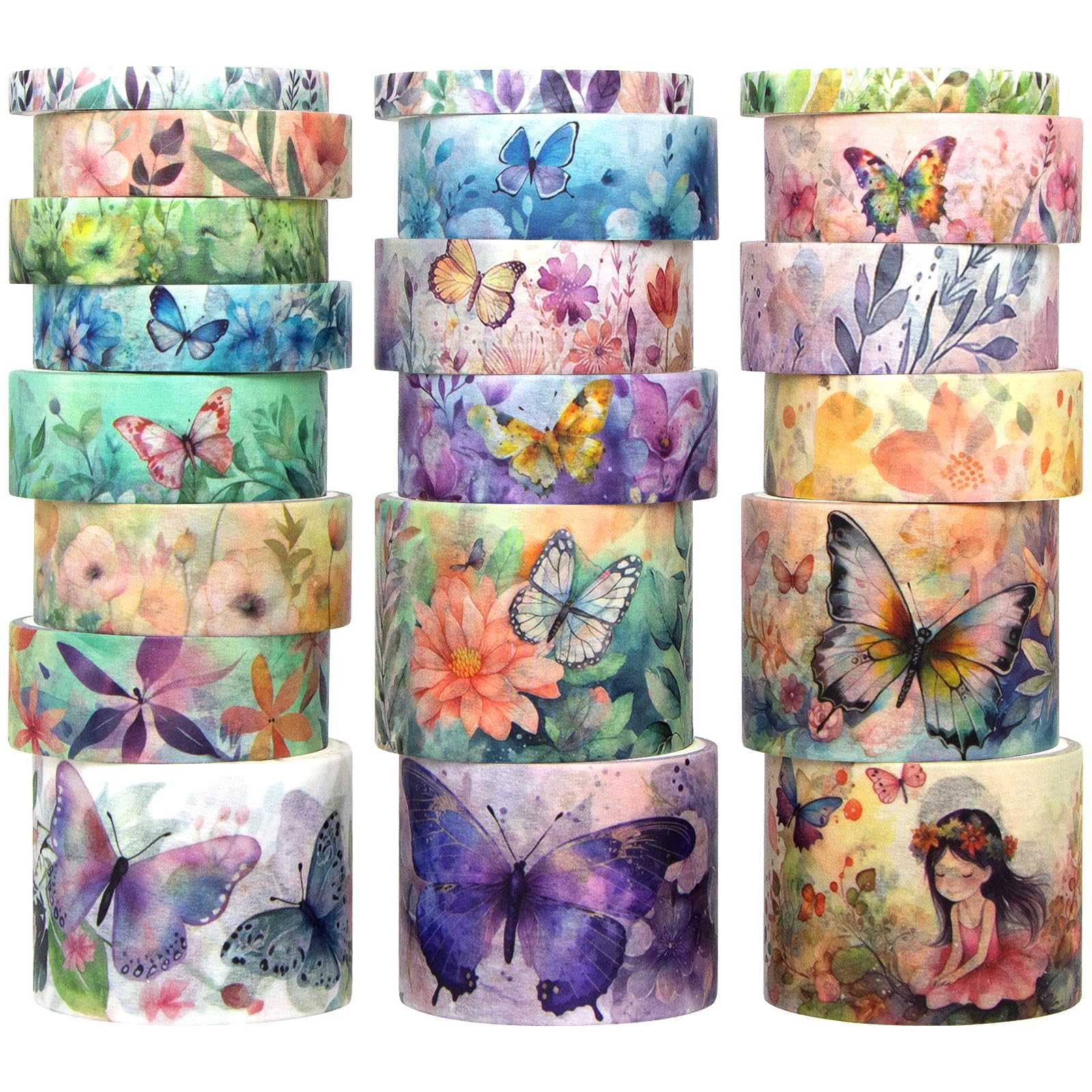 Set of 20 Rolls of Washi Tape - Floral Butterfly Decorative Masking Tape, Paper Tape for Bullet Journals, Craft Supplies, DIY Crafts, Craft Supplies