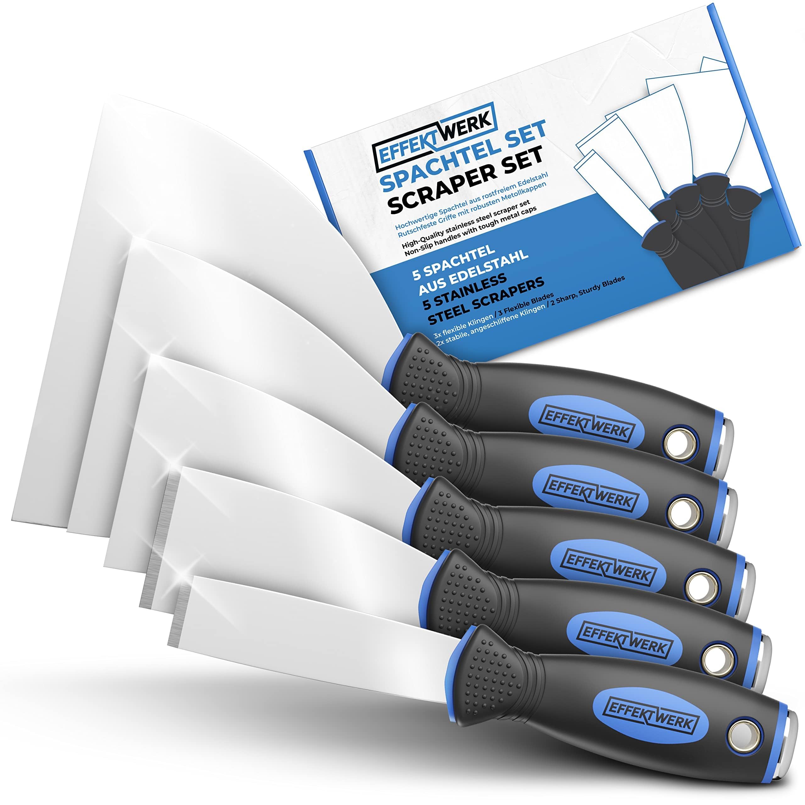 Set of 5 Scrapers, Paint and Wallpaper Remover Tool Set, Stainless Steel Spatulas for Plastering, Putty Filling and Smooth Finishing