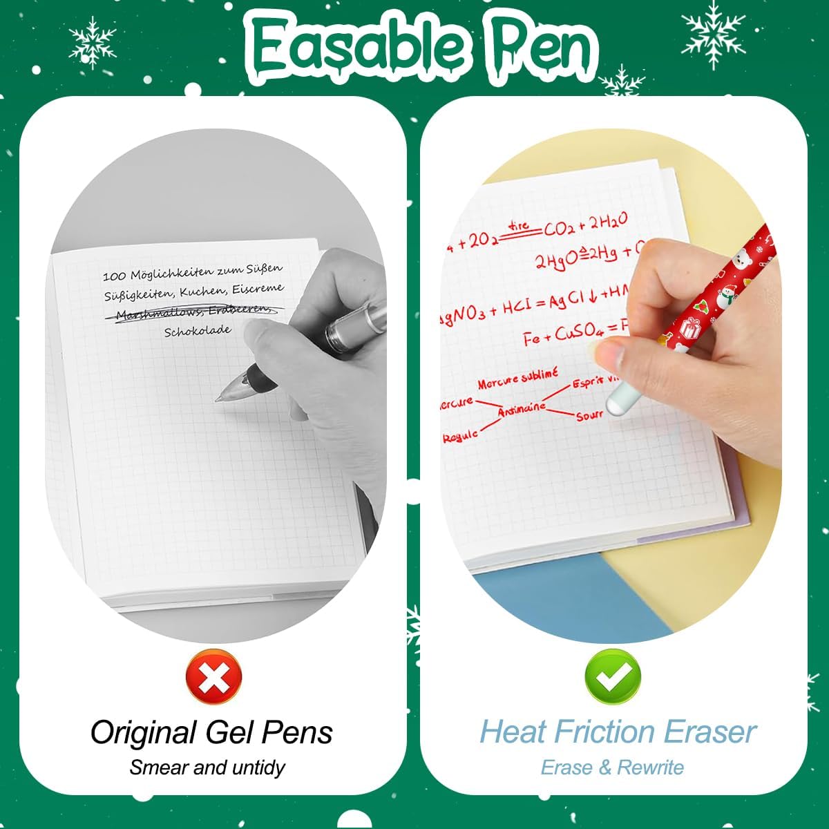 Set of Erasable Gel Pens - Christmas Erasable Gel Pens Ball on the End to Remove Ink, Thermosensitive, Tip Diameter 0.7 mm (Christmas 18 Erasable Pens-B) Christmas 18 Erasable Pens--B