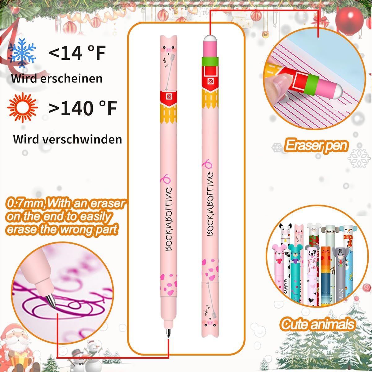 Set of Erasable Gel Pens - Christmas Erasable Gel Pens Ball on the End to Remove Ink, Thermosensitive, Tip Diameter 0.7 mm (Christmas 18 Erasable Pens-B) Christmas 18 Erasable Pens--B