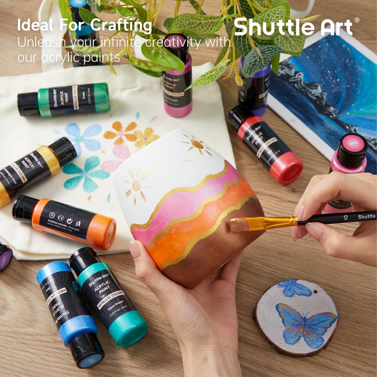Shuttle Art 20 Acrylic Colors for Painting Metallics, Acrylics for Painting 60 ml, with 10 Brushes and 1 Palette, Metallic Painting Set for Adults, Acrylic Paint on Canvas Ceramic Eggs Rocks metallic gold, silver, black, white, red, blue, orange, green