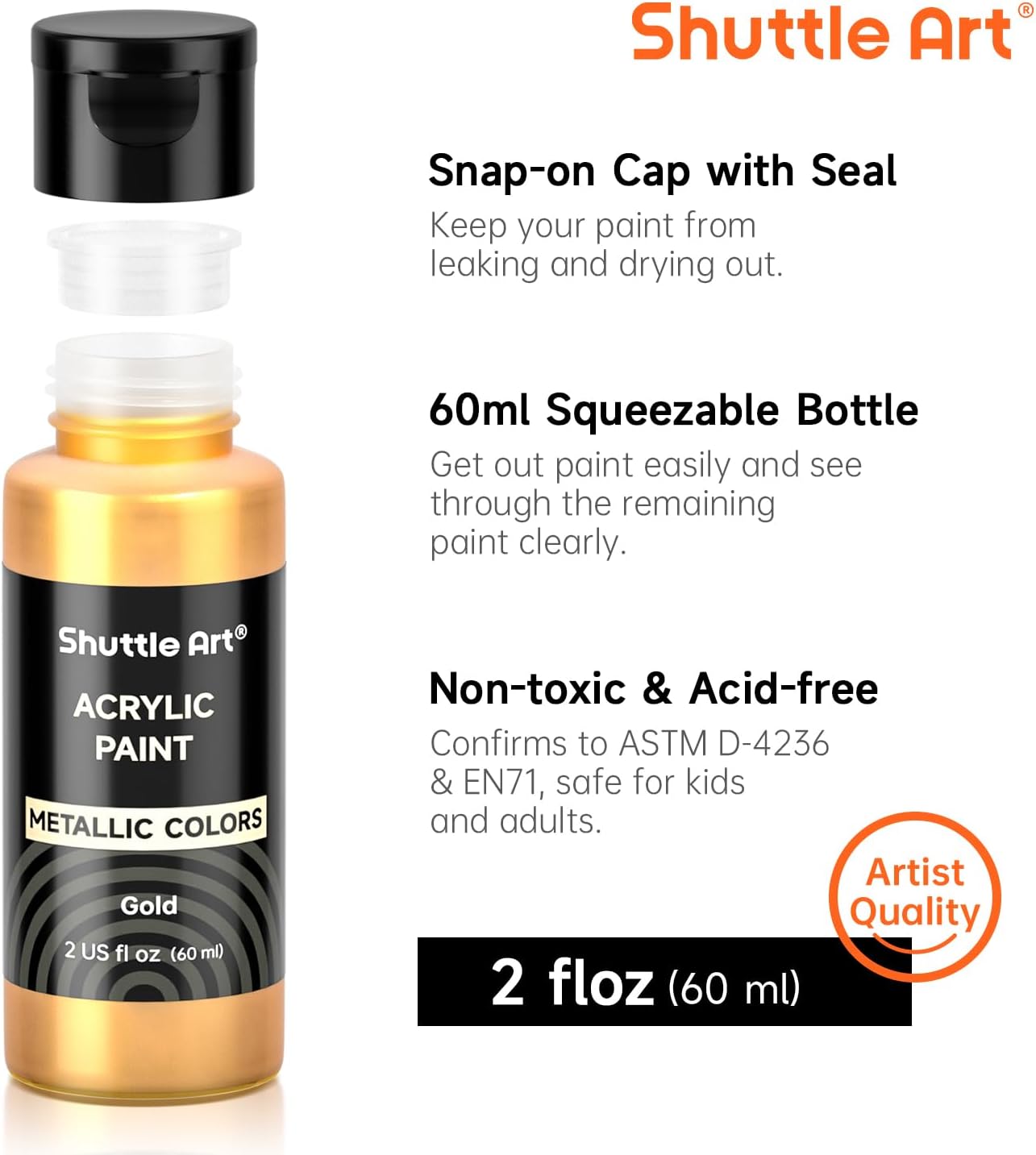 Shuttle Art 20 Acrylic Colors for Painting Metallics, Acrylics for Painting 60 ml, with 10 Brushes and 1 Palette, Metallic Painting Set for Adults, Acrylic Paint on Canvas Ceramic Eggs Rocks metallic gold, silver, black, white, red, blue, orange, green