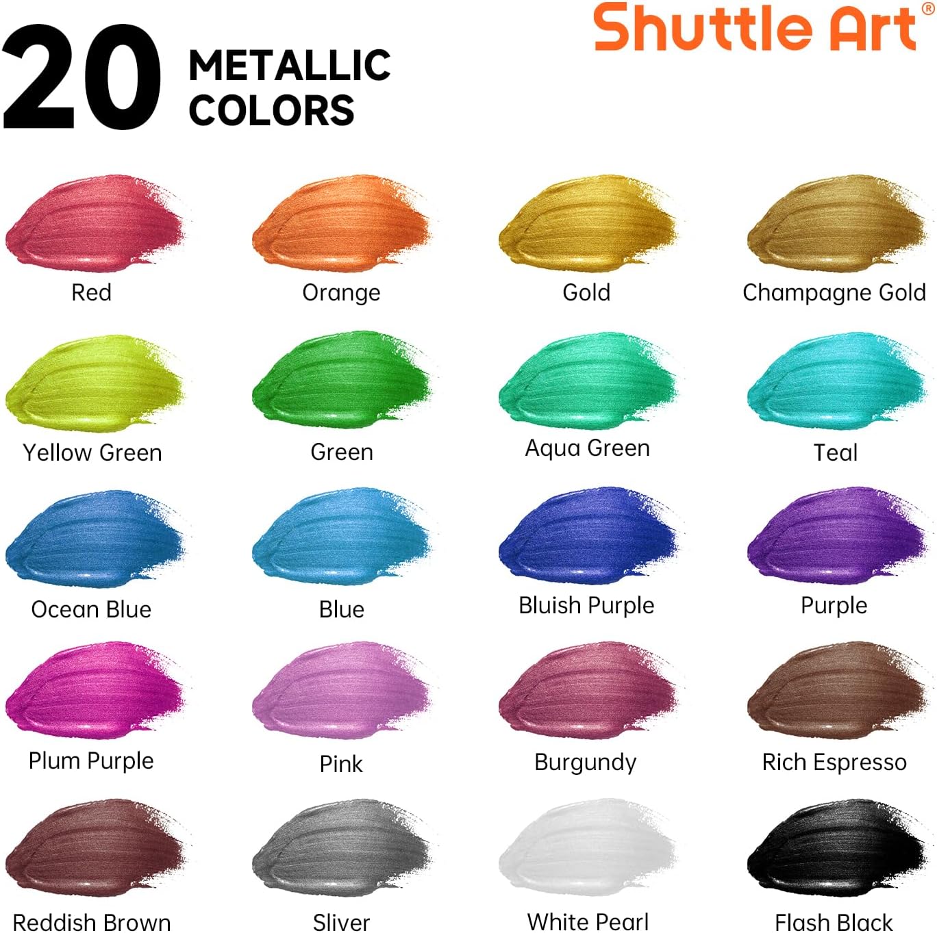 Shuttle Art 20 Acrylic Colors for Painting Metallics, Acrylics for Painting 60 ml, with 10 Brushes and 1 Palette, Metallic Painting Set for Adults, Acrylic Paint on Canvas Ceramic Eggs Rocks metallic gold, silver, black, white, red, blue, orange, green