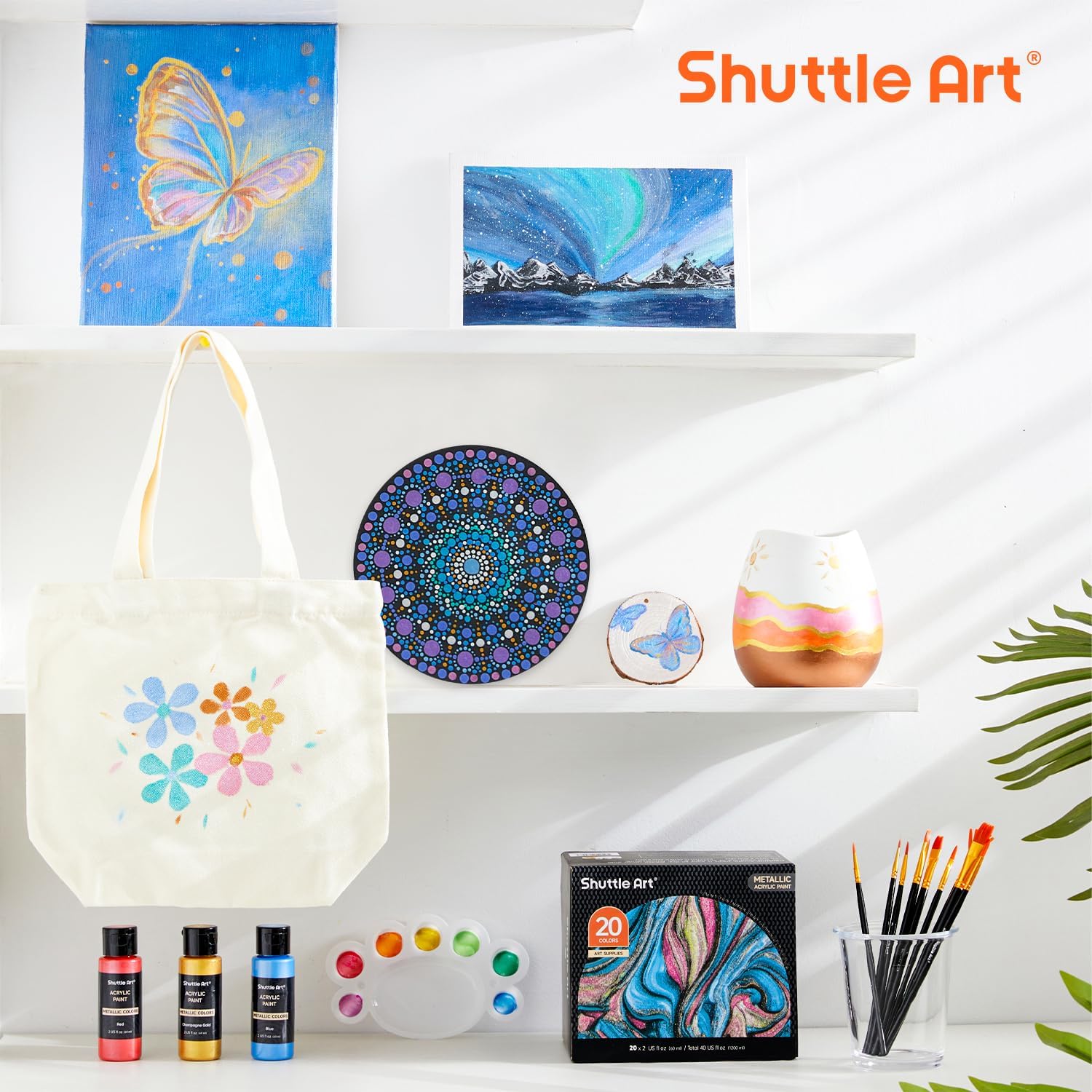 Shuttle Art 20 Acrylic Colors for Painting Metallics, Acrylics for Painting 60 ml, with 10 Brushes and 1 Palette, Metallic Painting Set for Adults, Acrylic Paint on Canvas Ceramic Eggs Rocks metallic gold, silver, black, white, red, blue, orange, green