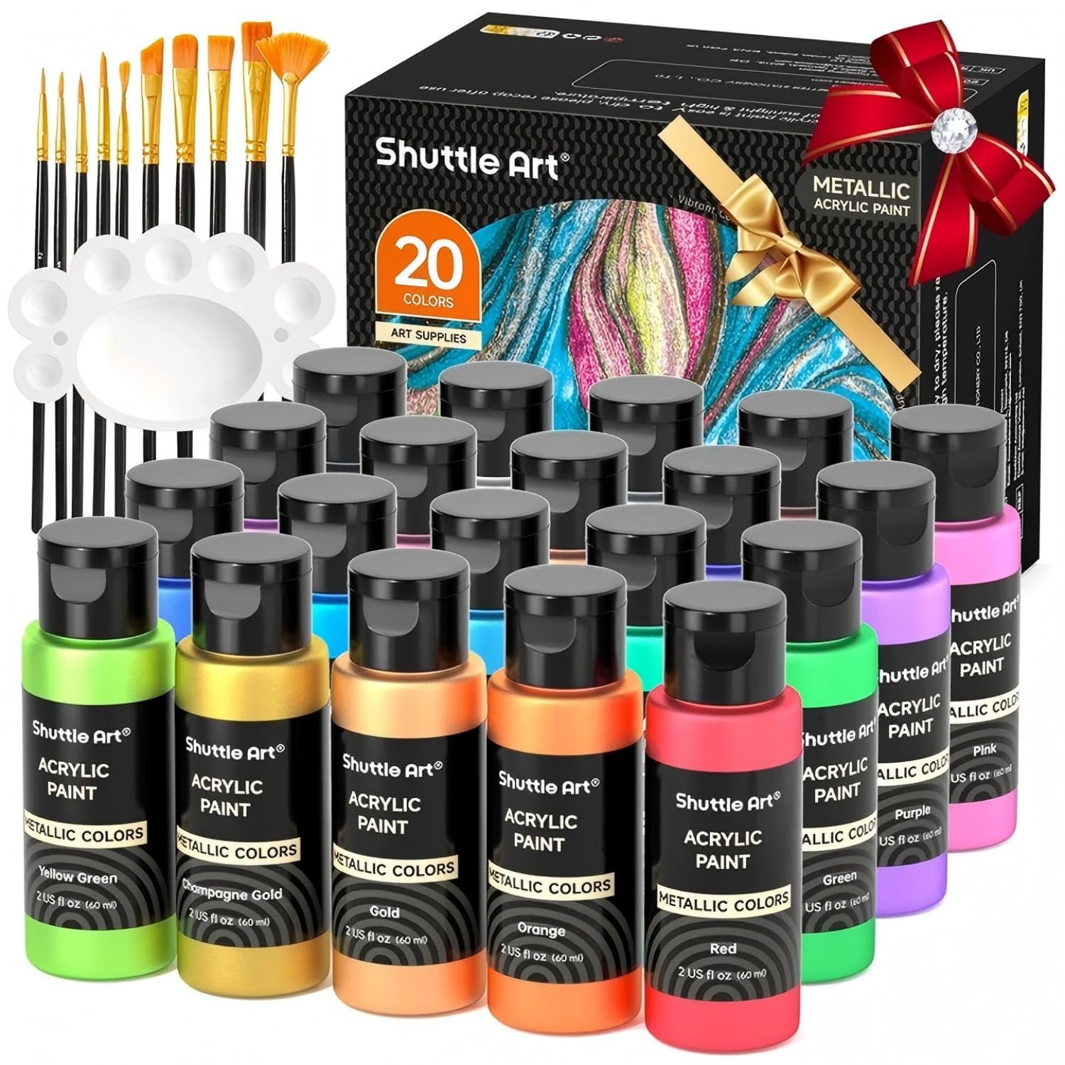 Shuttle Art 20 Acrylic Colors for Painting Metallics, Acrylics for Painting 60 ml, with 10 Brushes and 1 Palette, Metallic Painting Set for Adults, Acrylic Paint on Canvas Ceramic Eggs Rocks metallic gold, silver, black, white, red, blue, orange, green