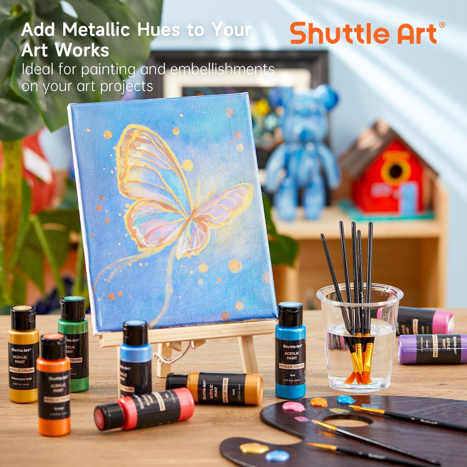 Shuttle Art 20 Acrylic Colors for Painting Metallics, Acrylics for Painting 60 ml, with 10 Brushes and 1 Palette, Metallic Painting Set for Adults, Acrylic Paint on Canvas Ceramic Eggs Rocks metallic gold, silver, black, white, red, blue, orange, green