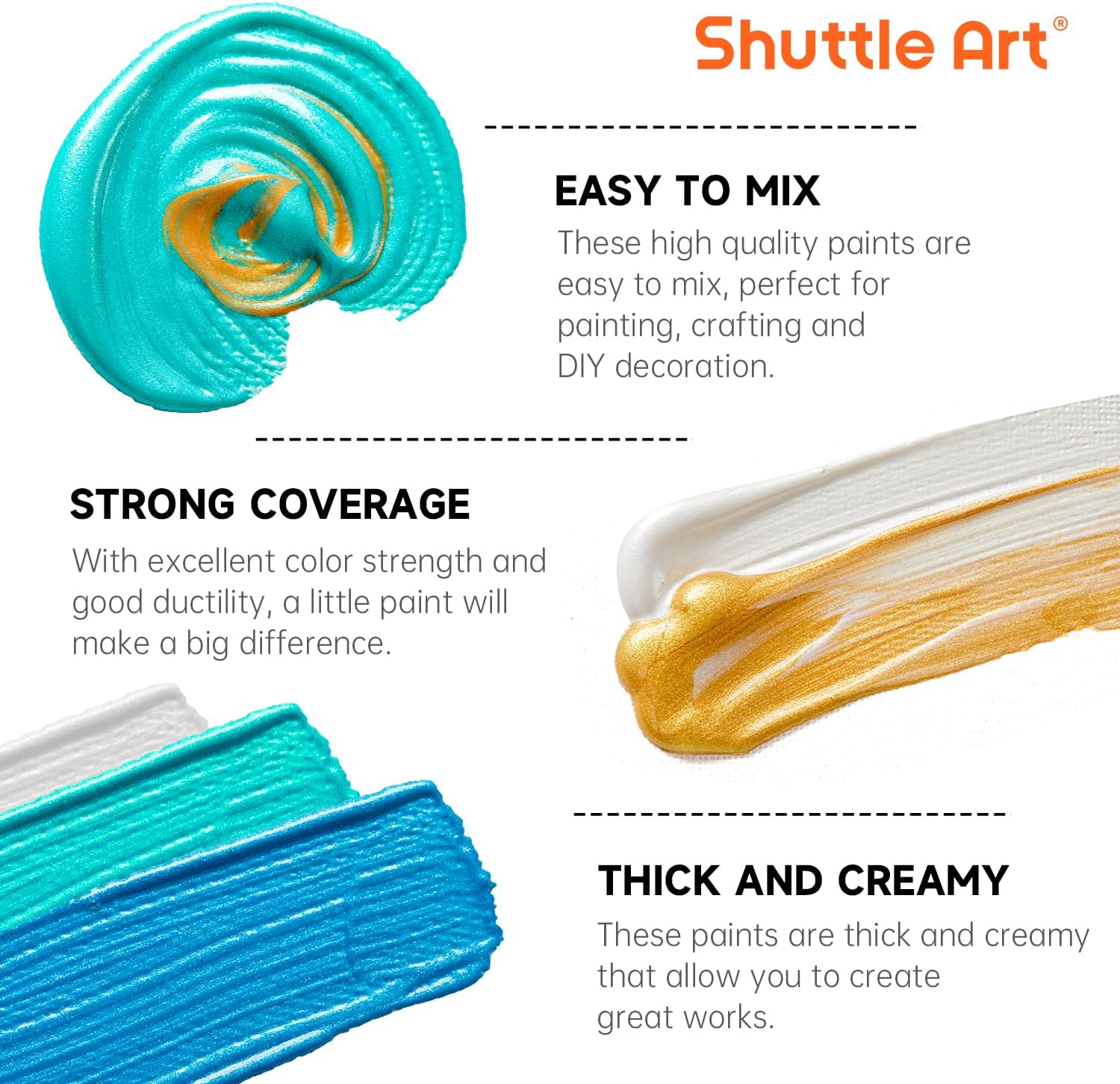 Shuttle Art 20 Acrylic Colors for Painting Metallics, Acrylics for Painting 60 ml, with 10 Brushes and 1 Palette, Metallic Painting Set for Adults, Acrylic Paint on Canvas Ceramic Eggs Rocks metallic gold, silver, black, white, red, blue, orange, green