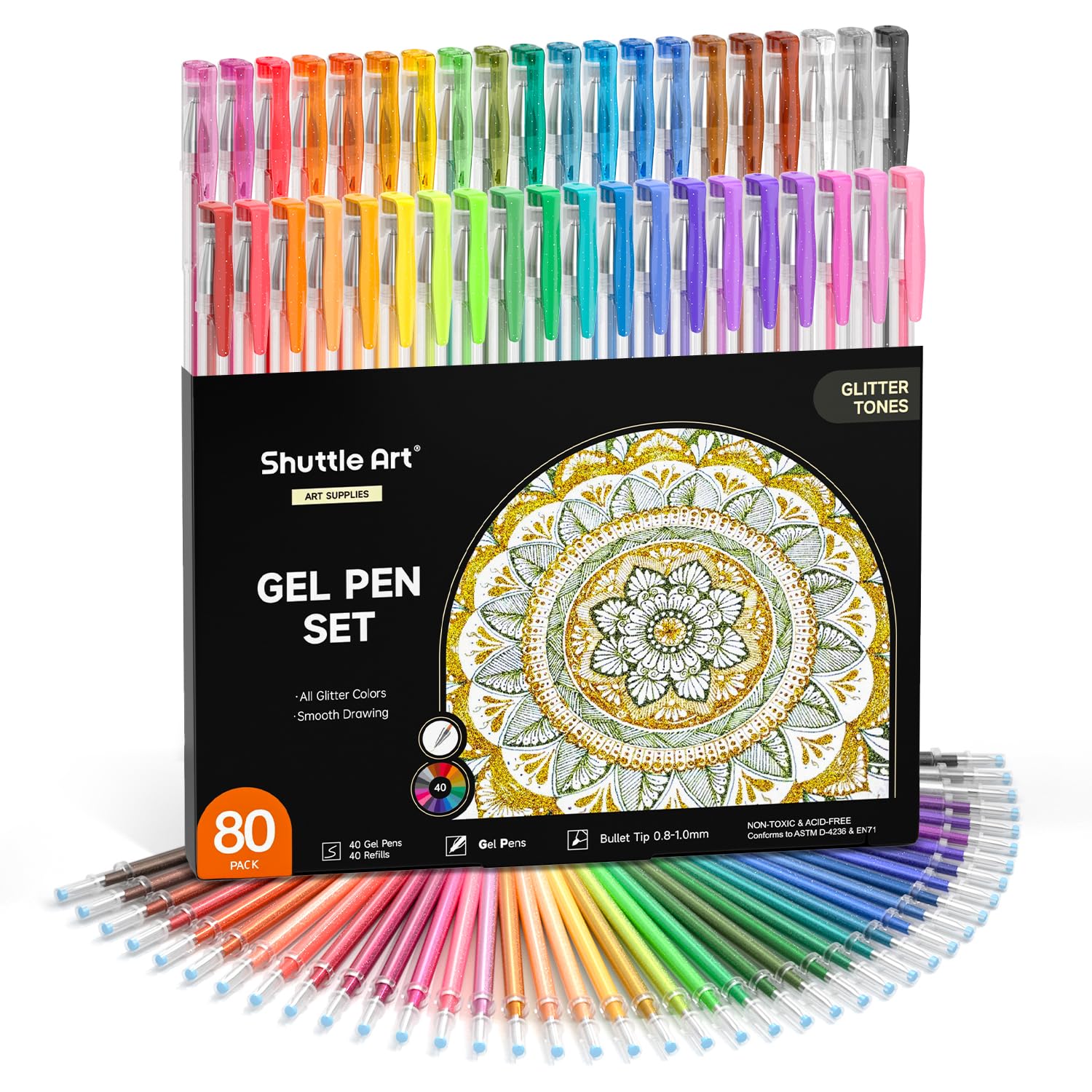 Shuttle Art 80 Pack Glitter Gel Pens, 40 Colors Glitter Gel Pen Set with 40 Refills for Adult Coloring Books Craft Doodling