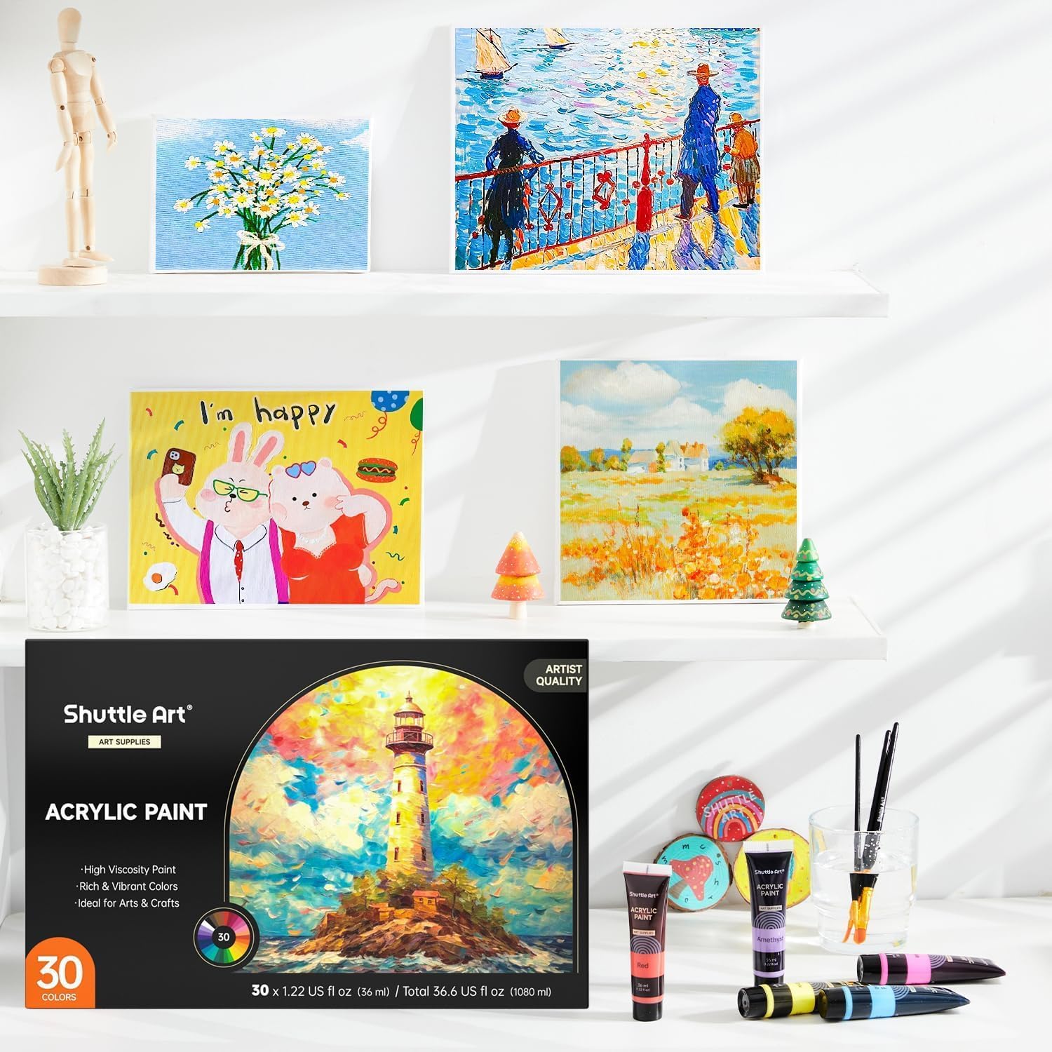 Shuttle Art Acrylic Paints for Painting, 30 Colors Paint Set (36 ml) with 3 Brushes, Acrylic Paint Set for Beginner Artists Children, Acrylic Paint Painting on Rocks Canvas Wood