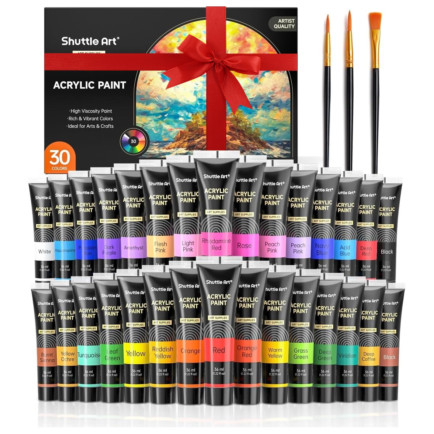 Shuttle Art Acrylic Paints for Painting, 30 Colors Paint Set (36 ml) with 3 Brushes, Acrylic Paint Set for Beginner Artists Children, Acrylic Paint Painting on Rocks Canvas Wood