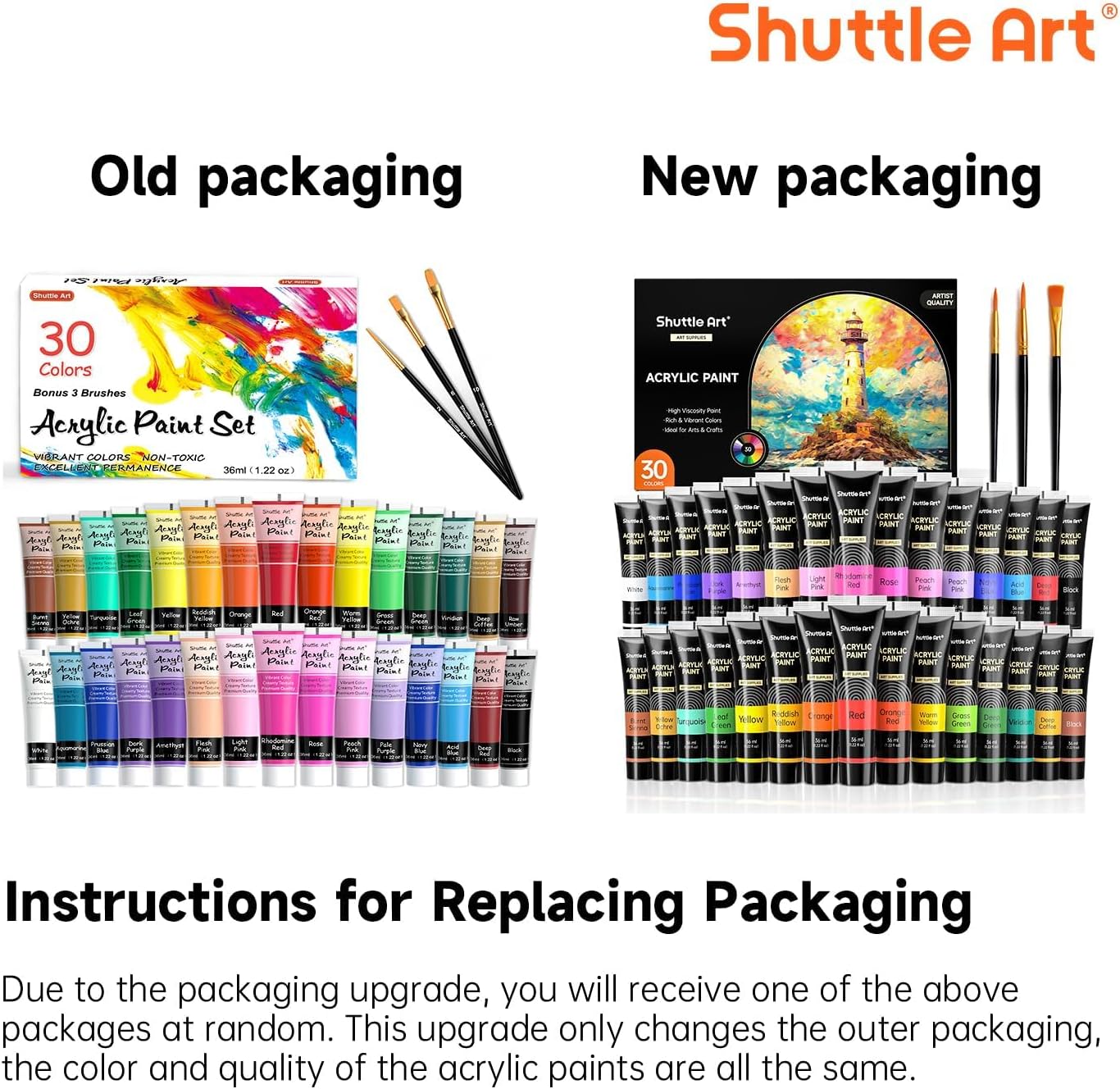 Shuttle Art Acrylic Paints for Painting, 30 Colors Paint Set (36 ml) with 3 Brushes, Acrylic Paint Set for Beginner Artists Children, Acrylic Paint Painting on Rocks Canvas Wood