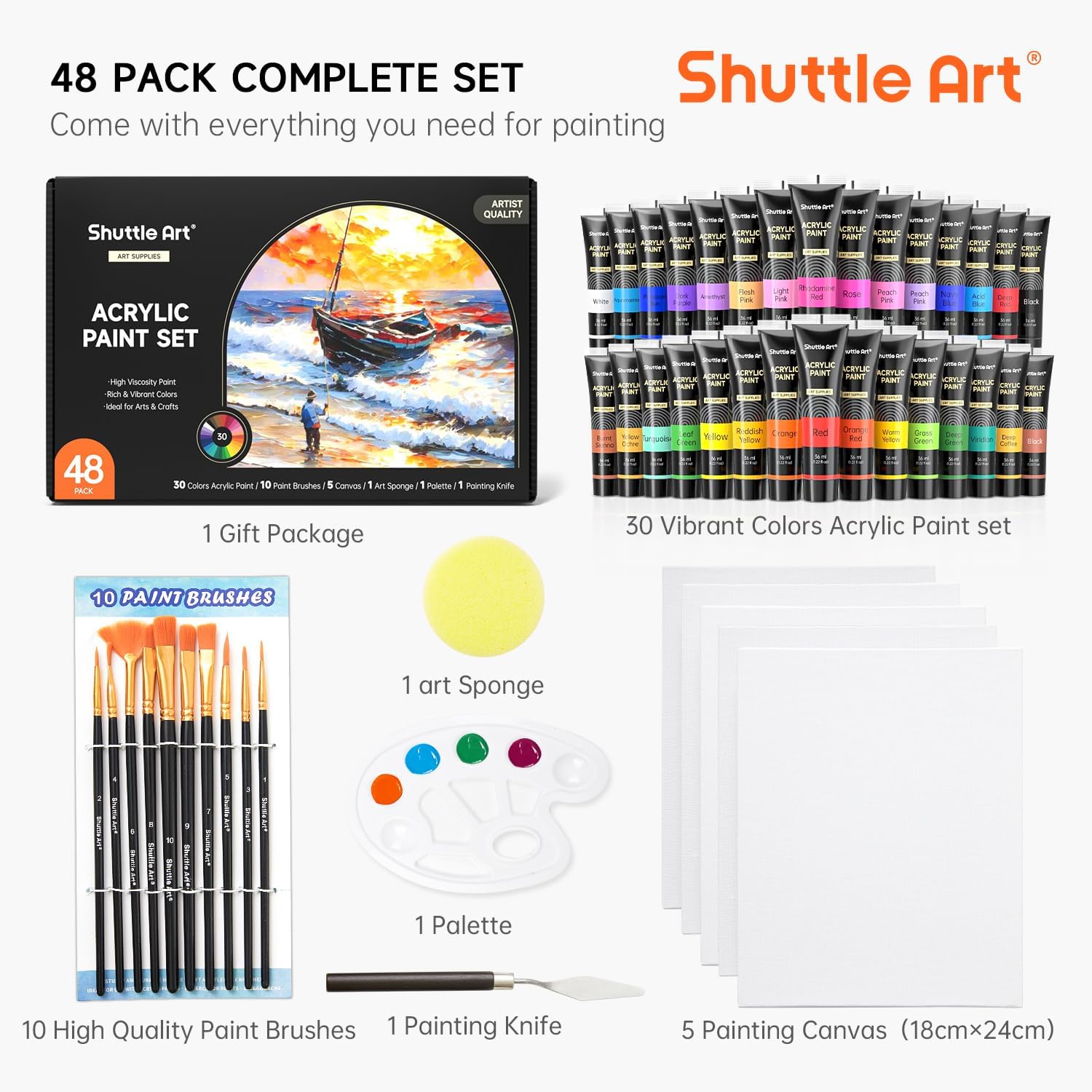 Shuttle Art Acrylic Paints for Painting 48 Pieces, 30 Colors Painting Set (36 ml) with 10 Brushes, Palette Knife, Sponge, Canvas, Palette, Acrylic Paint for Beginner Artists Kids, Non-Toxic Black