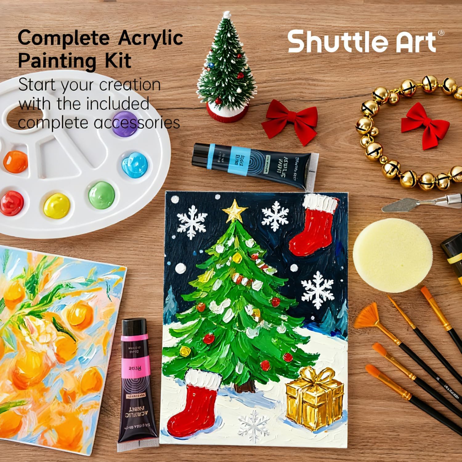 Shuttle Art Acrylic Paints for Painting 48 Pieces, 30 Colors Painting Set (36 ml) with 10 Brushes, Palette Knife, Sponge, Canvas, Palette, Acrylic Paint for Beginner Artists Kids, Non-Toxic Black