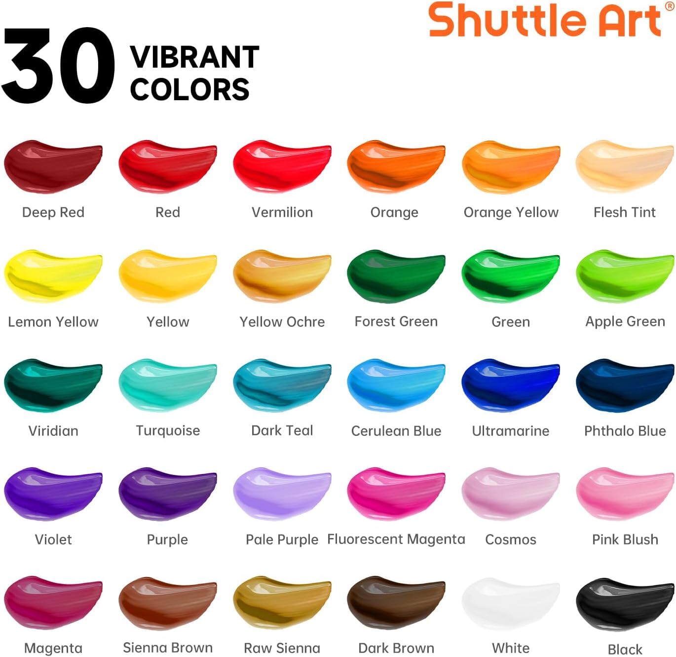 Shuttle Art Acrylic Paints for Painting 48 Pieces, 30 Colors Painting Set (36 ml) with 10 Brushes, Palette Knife, Sponge, Canvas, Palette, Acrylic Paint for Beginner Artists Kids, Non-Toxic Black