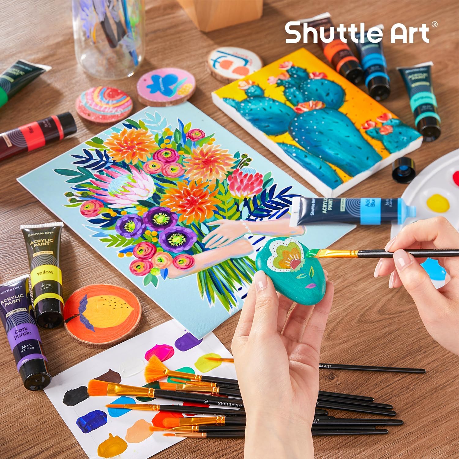 Shuttle Art Acrylic Paints for Painting 48 Pieces, 30 Colors Painting Set (36 ml) with 10 Brushes, Palette Knife, Sponge, Canvas, Palette, Acrylic Paint for Beginner Artists Kids, Non-Toxic Black