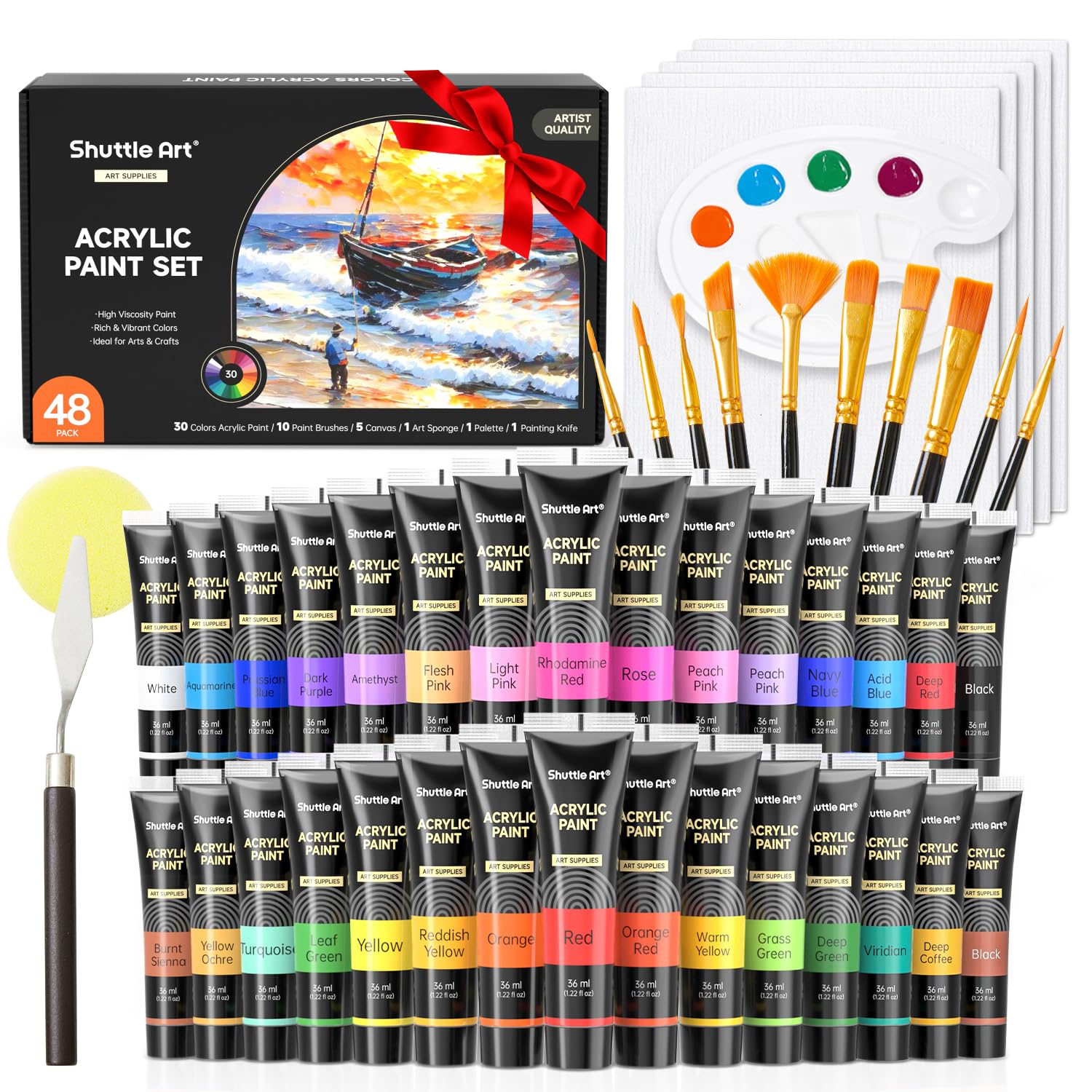 Shuttle Art Acrylic Paints for Painting 48 Pieces, 30 Colors Painting Set (36 ml) with 10 Brushes, Palette Knife, Sponge, Canvas, Palette, Acrylic Paint for Beginner Artists Kids, Non-Toxic Black