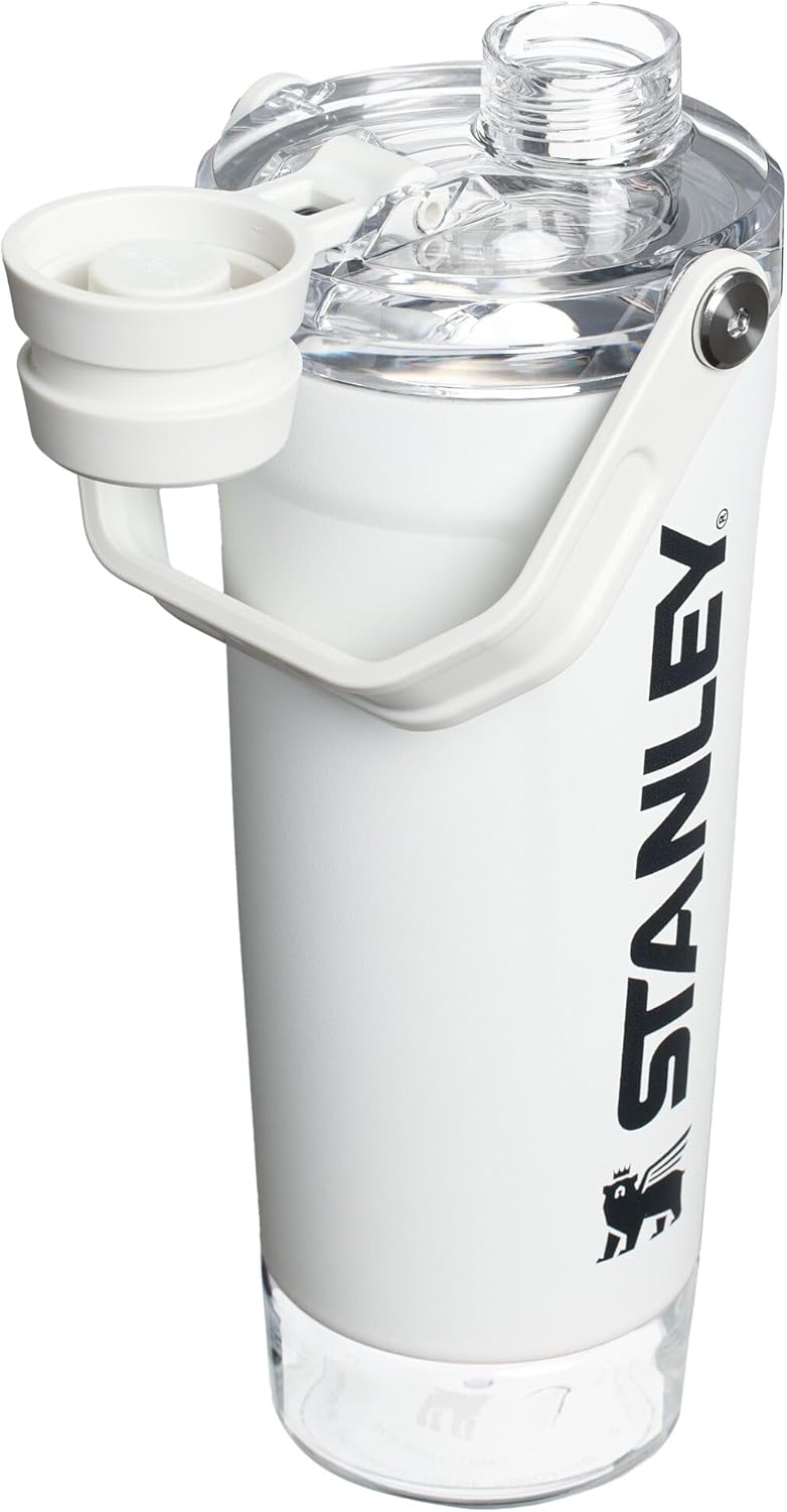 STANLEY Vitalize Shaker Bottle 20 oz | Leakproof Insulated Stainless Steel Shaker Cup | Base Storage and Twist On Fast Flow Lid | Protein Shakes and Pre Workout Powder | BPA-Free | Chalk Chalk 20 oz
