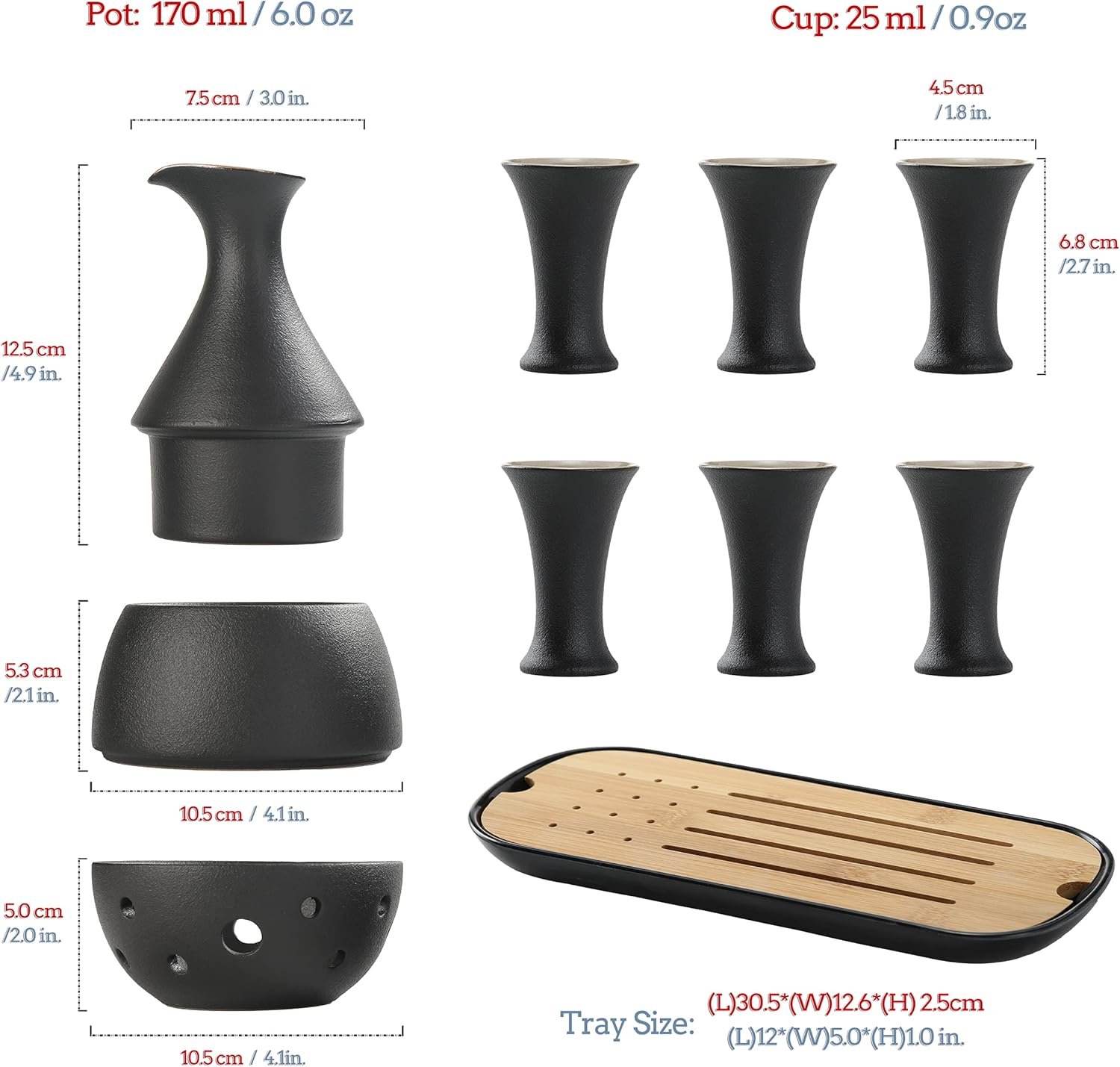 TEANAGOO Traditional Japanese Sake Set, Sake Carafe (170 ML) with 6 Sake Cups (25 ML) for Hot or Cold Japanese Soju Liquor with Bamboo Serving Tray Set 10 pcs/set Regular Kraft Box Frosted Black Finish - Safe Box