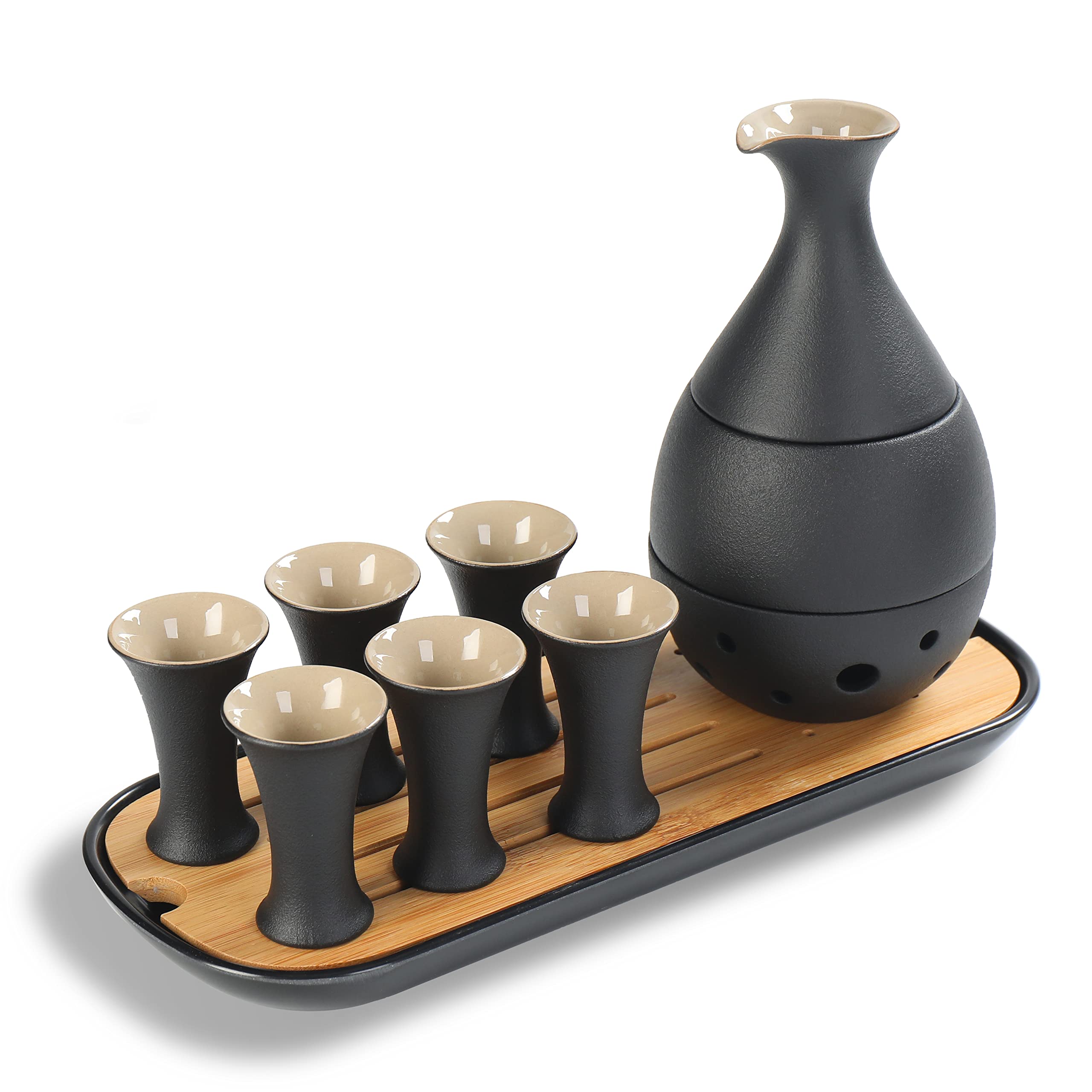 TEANAGOO Traditional Japanese Sake Set, Sake Carafe (170 ML) with 6 Sake Cups (25 ML) for Hot or Cold Japanese Soju Liquor with Bamboo Serving Tray Set 10 pcs/set Regular Kraft Box Frosted Black Finish - Safe Box