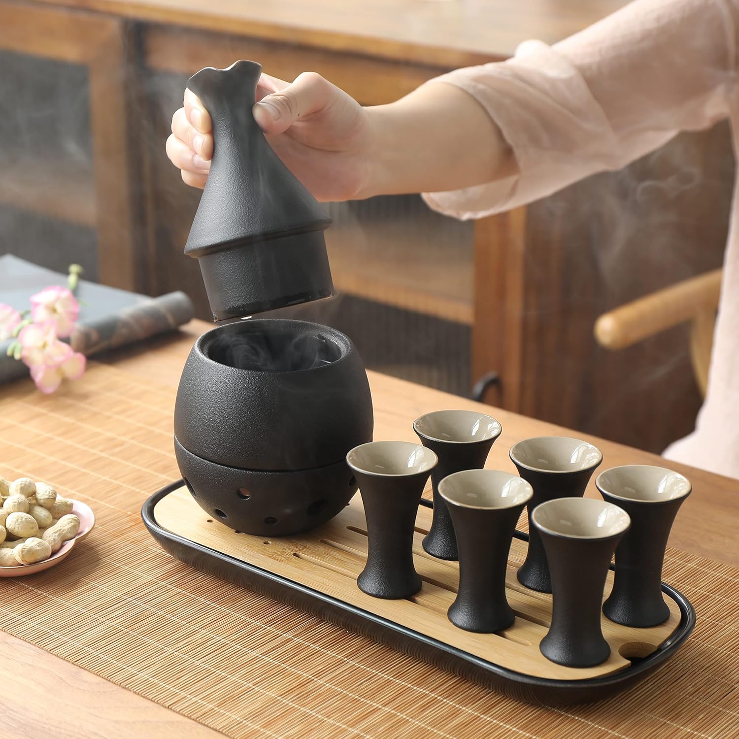 TEANAGOO Traditional Japanese Sake Set, Sake Carafe (170 ML) with 6 Sake Cups (25 ML) for Hot or Cold Japanese Soju Liquor with Bamboo Serving Tray Set 10 pcs/set Regular Kraft Box Frosted Black Finish - Safe Box
