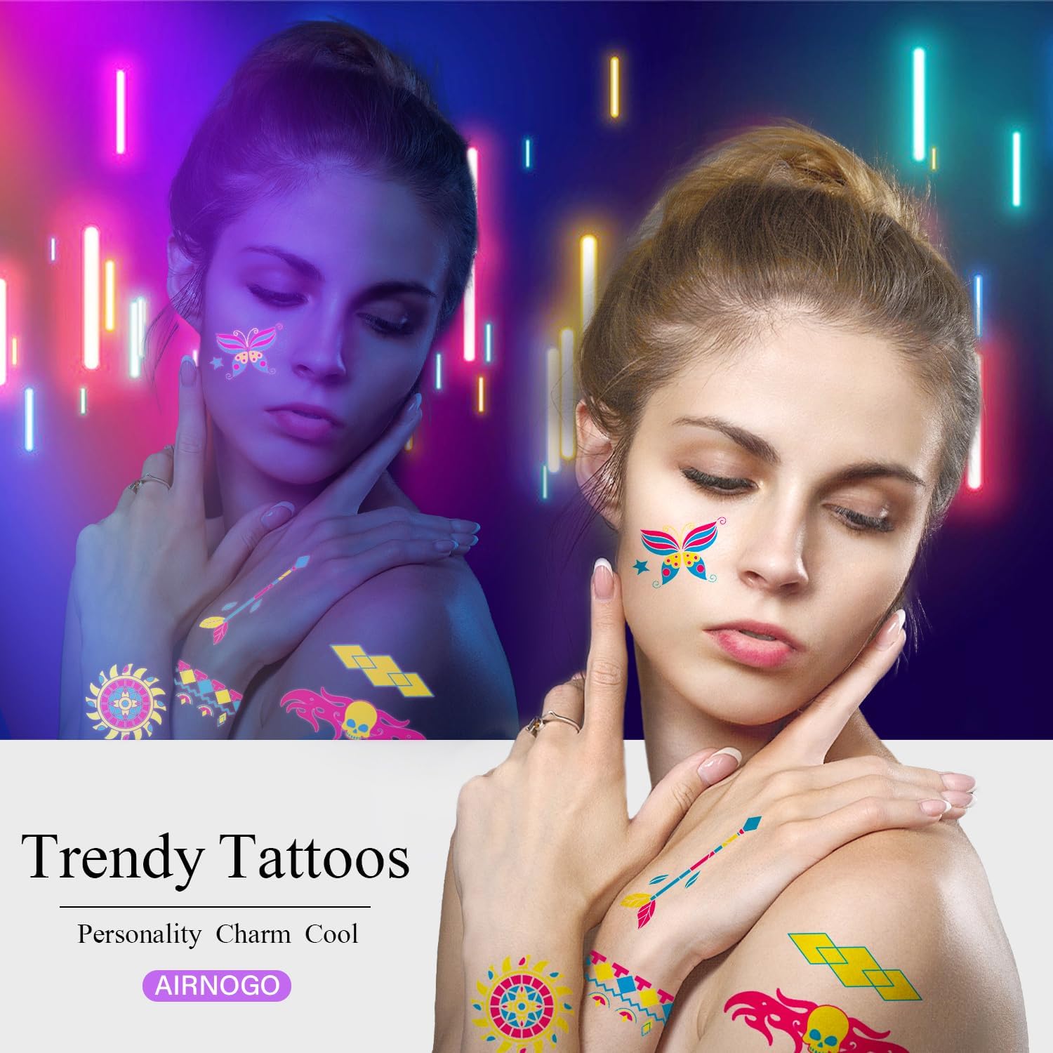 Temporary Tattoos 20 Sheets Party Fluo Tattoos, Luminous Tattoos Phosphorescent under Party Neon UV Black Light, Waterproof Tattoo Stickers, Tattoos for Birthday Festival Party Face Makeup etc A-Ultraviolet Neon Black Light Tattoos