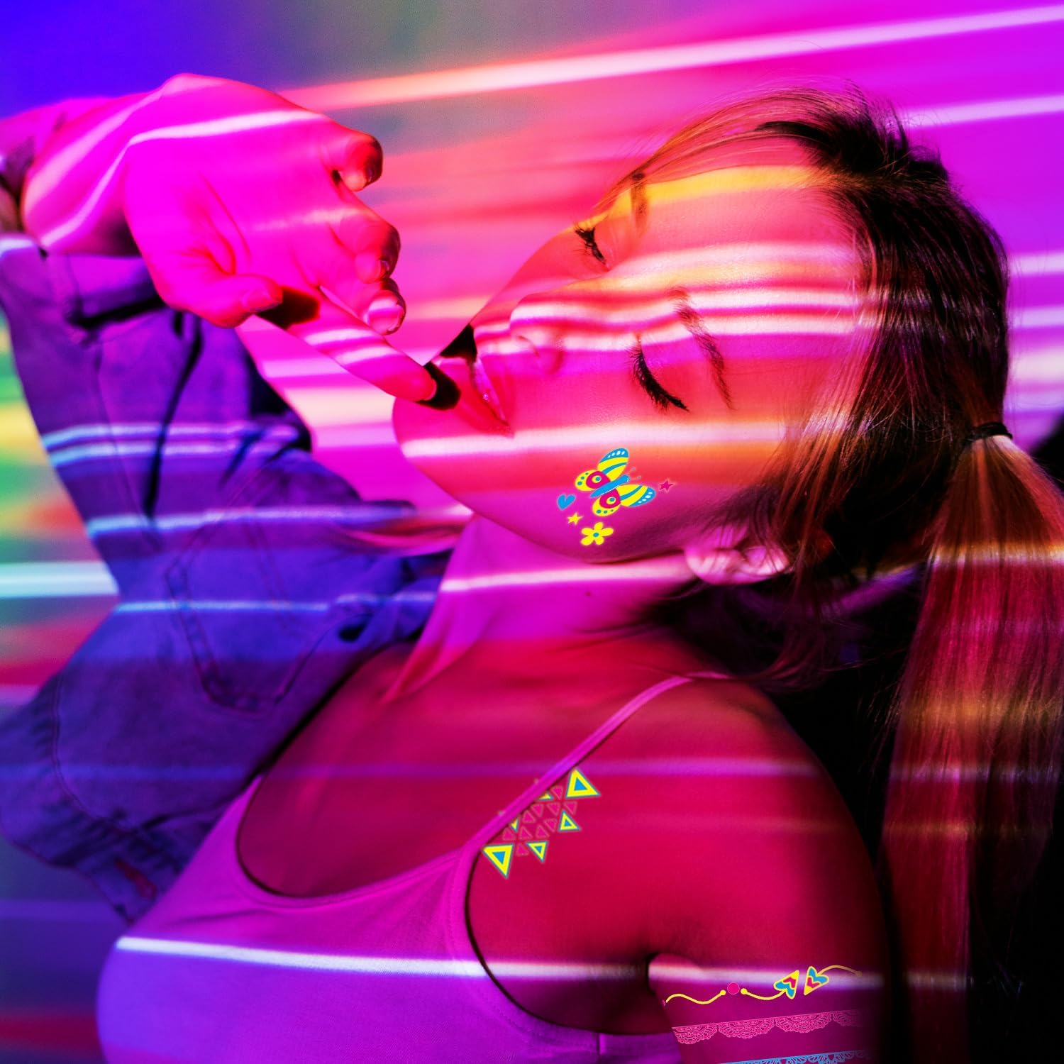 Temporary Tattoos 20 Sheets Party Fluo Tattoos, Luminous Tattoos Phosphorescent under Party Neon UV Black Light, Waterproof Tattoo Stickers, Tattoos for Birthday Festival Party Face Makeup etc A-Ultraviolet Neon Black Light Tattoos