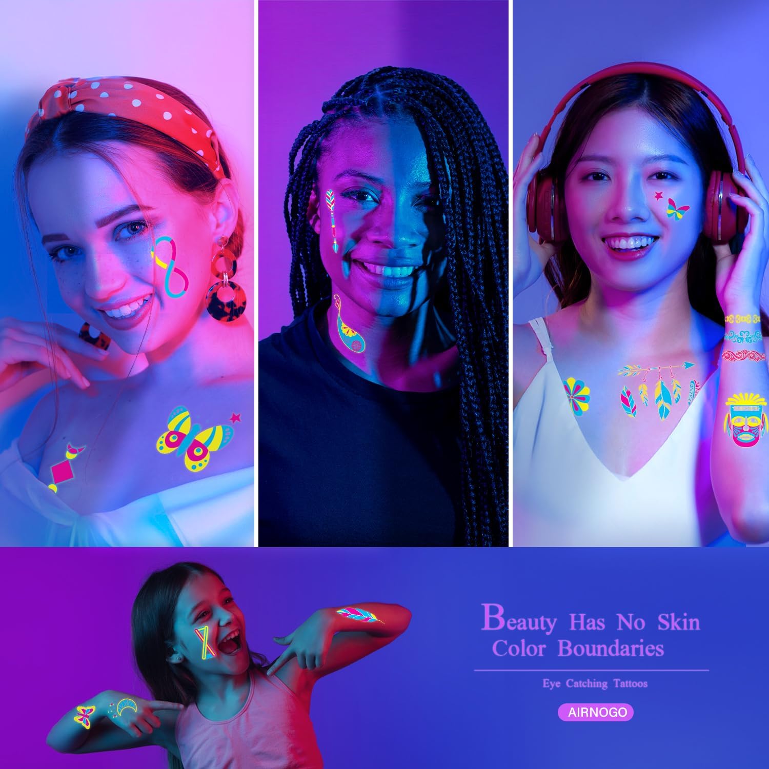 Temporary Tattoos 20 Sheets Party Fluo Tattoos, Luminous Tattoos Phosphorescent under Party Neon UV Black Light, Waterproof Tattoo Stickers, Tattoos for Birthday Festival Party Face Makeup etc A-Ultraviolet Neon Black Light Tattoos