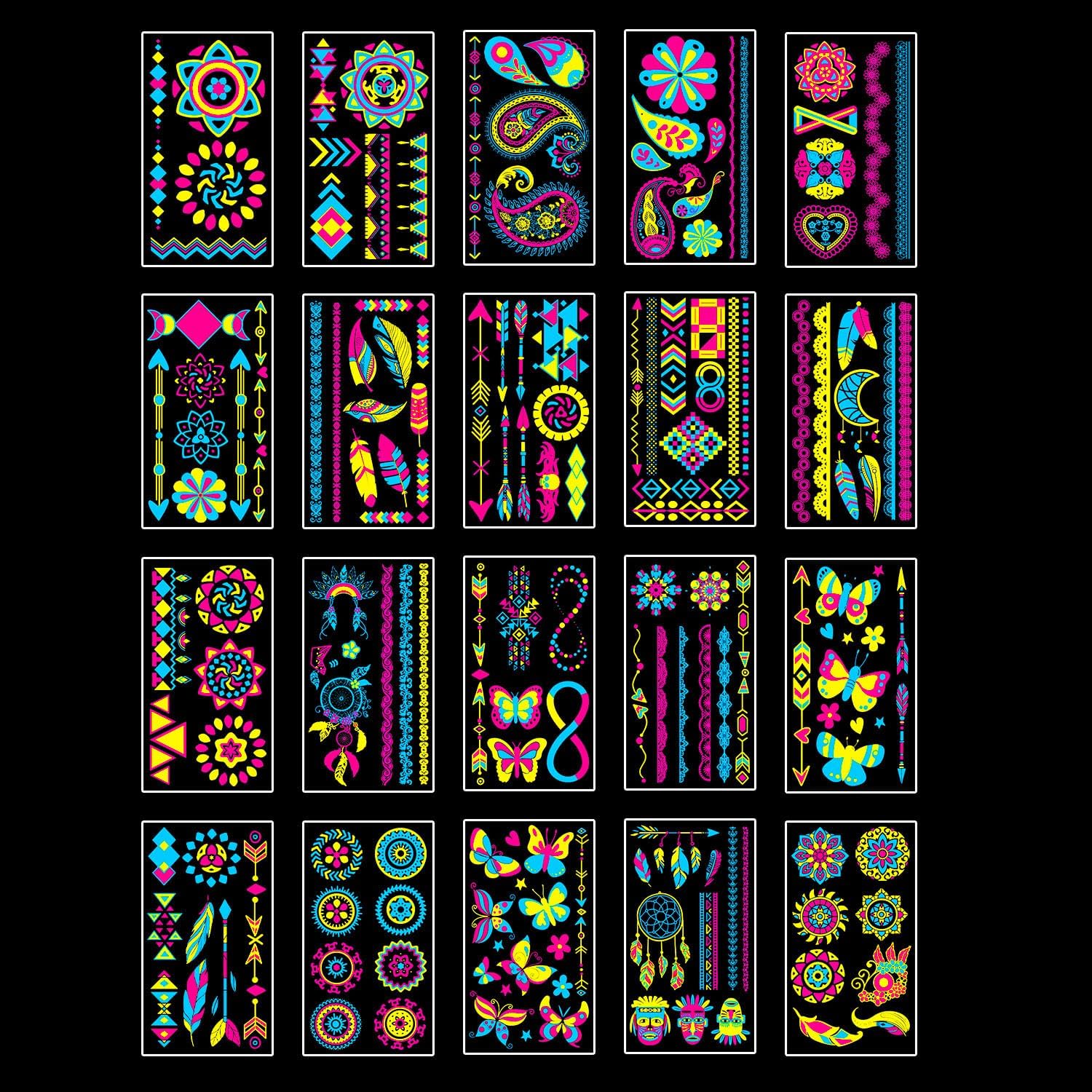 Temporary Tattoos 20 Sheets Party Fluo Tattoos, Luminous Tattoos Phosphorescent under Party Neon UV Black Light, Waterproof Tattoo Stickers, Tattoos for Birthday Festival Party Face Makeup etc A-Ultraviolet Neon Black Light Tattoos