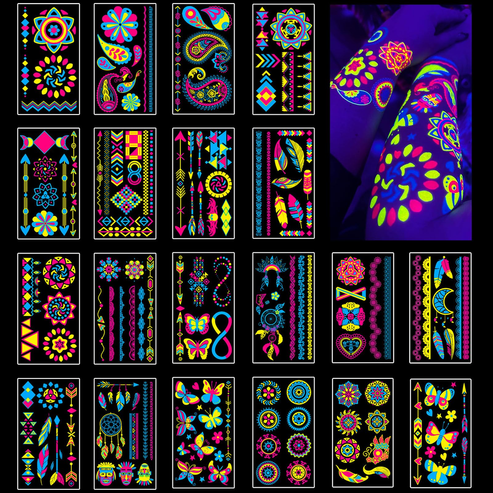 Temporary Tattoos 20 Sheets Party Fluo Tattoos, Luminous Tattoos Phosphorescent under Party Neon UV Black Light, Waterproof Tattoo Stickers, Tattoos for Birthday Festival Party Face Makeup etc A-Ultraviolet Neon Black Light Tattoos