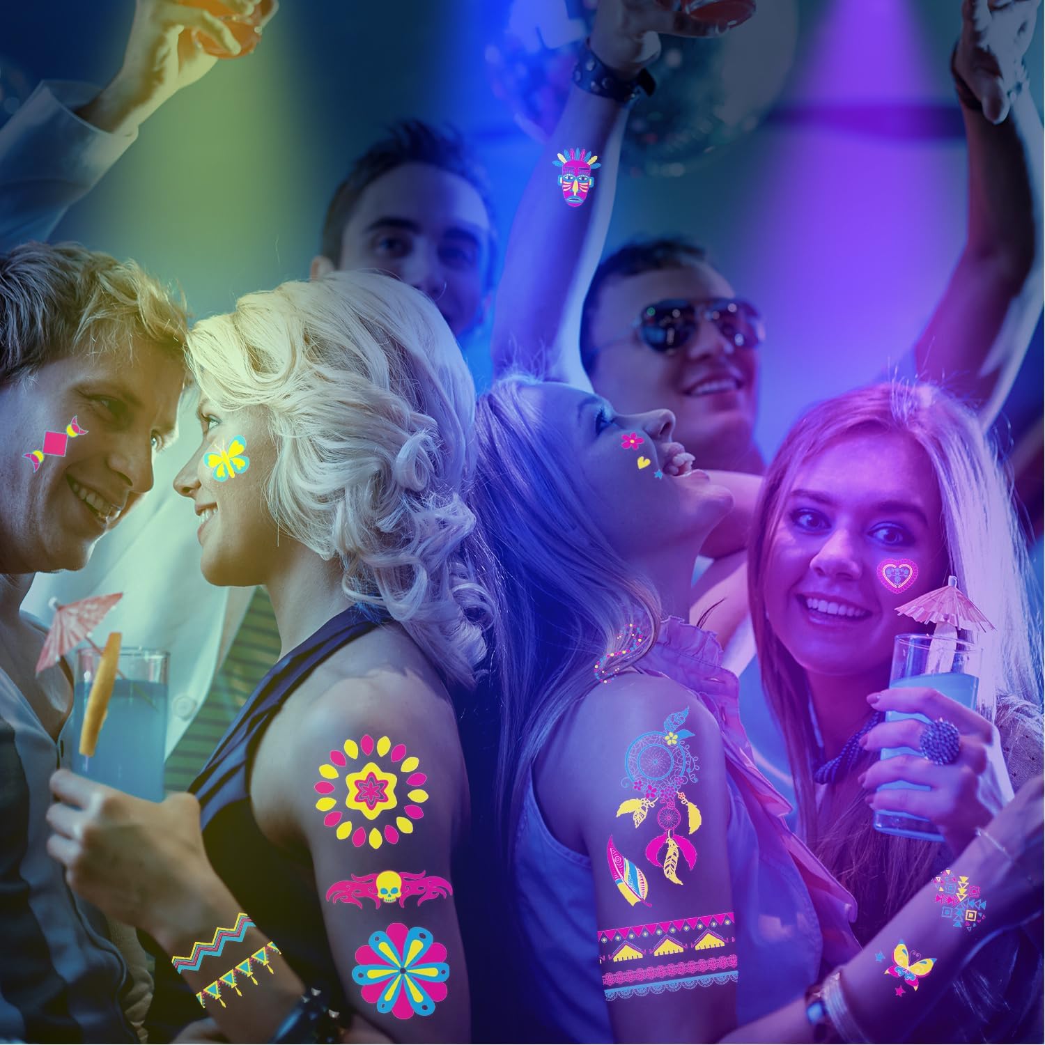 Temporary Tattoos 20 Sheets Party Fluo Tattoos, Luminous Tattoos Phosphorescent under Party Neon UV Black Light, Waterproof Tattoo Stickers, Tattoos for Birthday Festival Party Face Makeup etc A-Ultraviolet Neon Black Light Tattoos
